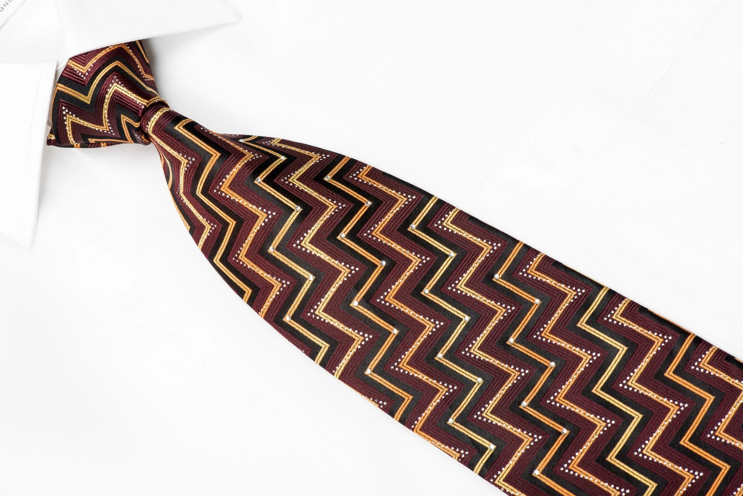 Taiyo Men's Crystal Silk Necktie Orange Burgundy Chevron On Brown With Silver Sparkles - Image 2