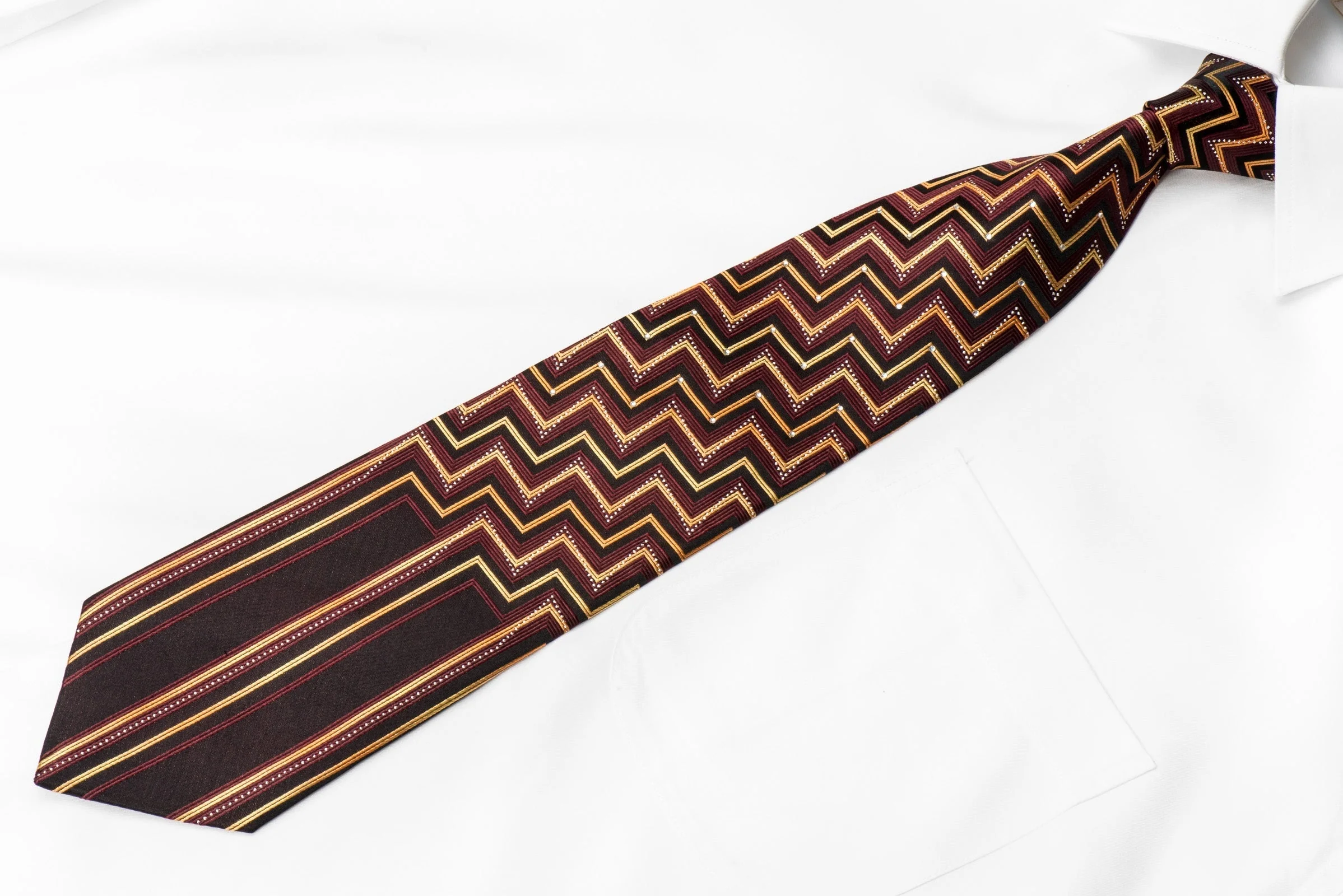 Taiyo Men's Crystal Silk Necktie Orange Burgundy Chevron On Brown With Silver Sparkles - Image 4