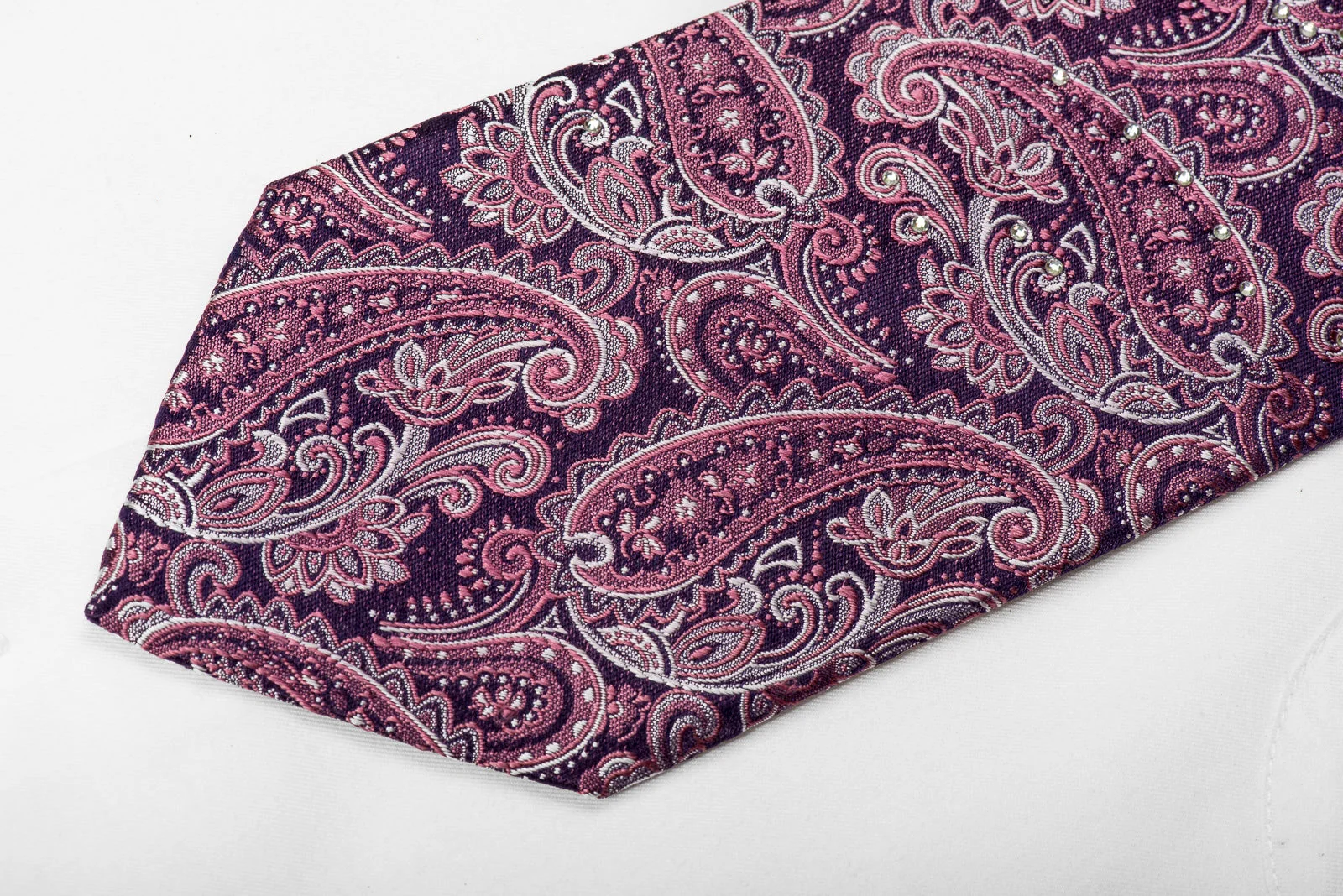 Taiyo Men's Crystal Silk Necktie Paisley On Purple Sparkling With Rhinestones - Image 3