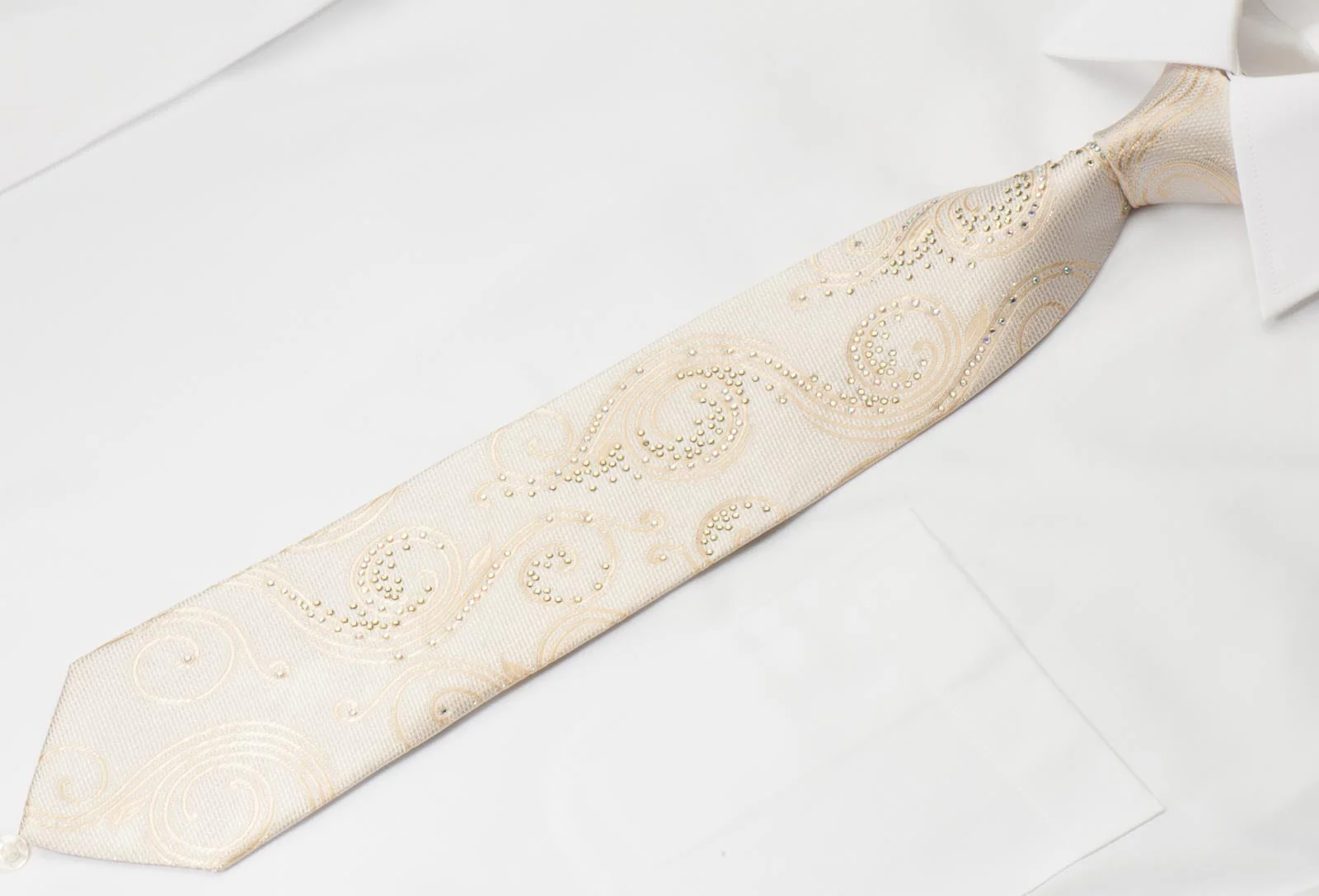 Taiyo Men's Silk Neck Tie Scrolls On Cream With White Crystal Rhinestones - Image 6