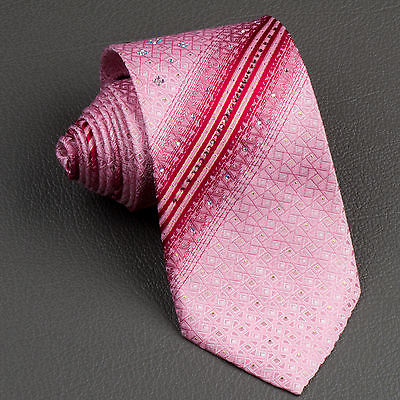 Taiyo Silk Neck Tie Red Stripes In Pink With Lattice Pattern & Rhinestones - Image 2