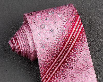 Taiyo Silk Neck Tie Red Stripes In Pink With Lattice Pattern & Rhinestones - Image 3