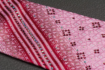 Taiyo Silk Neck Tie Red Stripes In Pink With Lattice Pattern & Rhinestones - Image 5