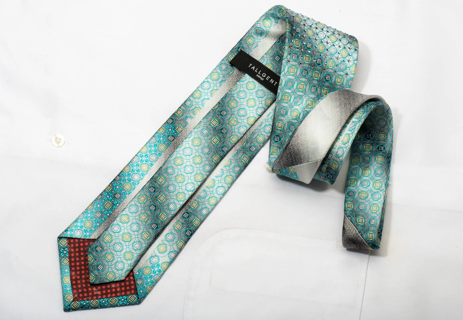 Tallgent Men's Rhinestone Silk Tie Turqoise Geometric On Silver With Silver Sparkles - Image 4