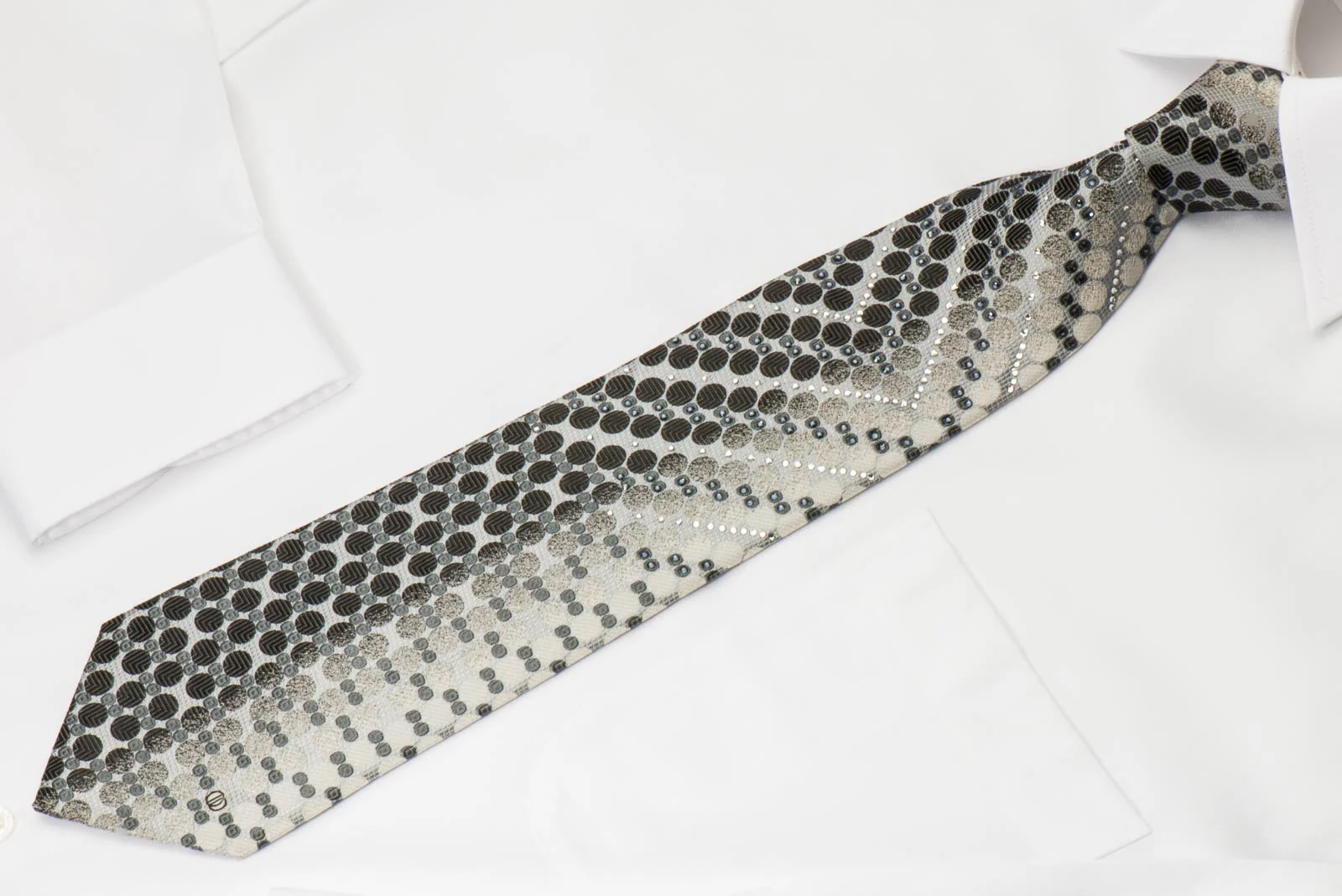 Tandy Rhinestone Tie Black Geometric Dots On Silver Silk With Micro Silver Sparkles - Image 5