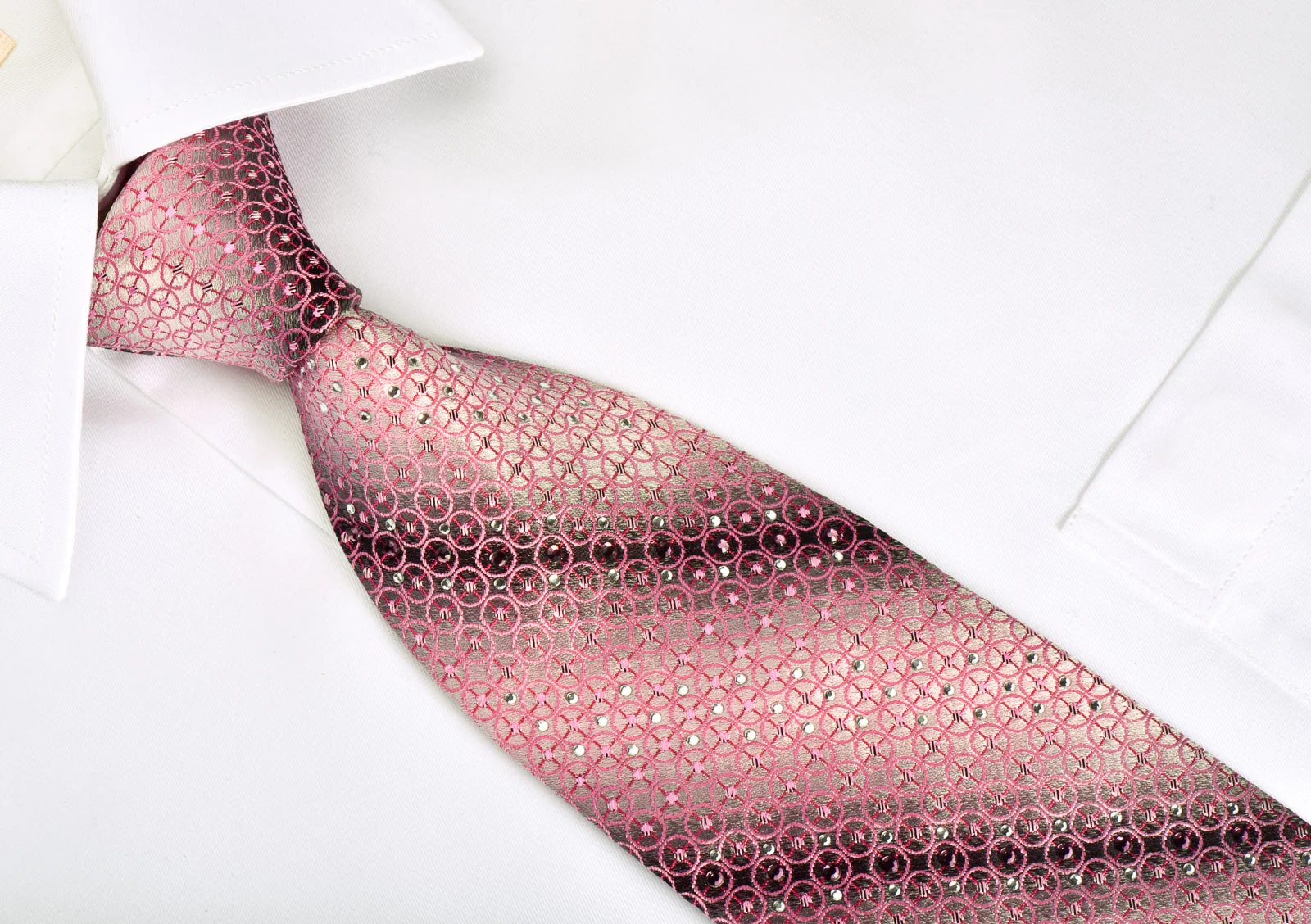 Temolo Rhinestone Silk Necktie Pink Circles On Graduating Silver With Pink Sparkles - Image 2