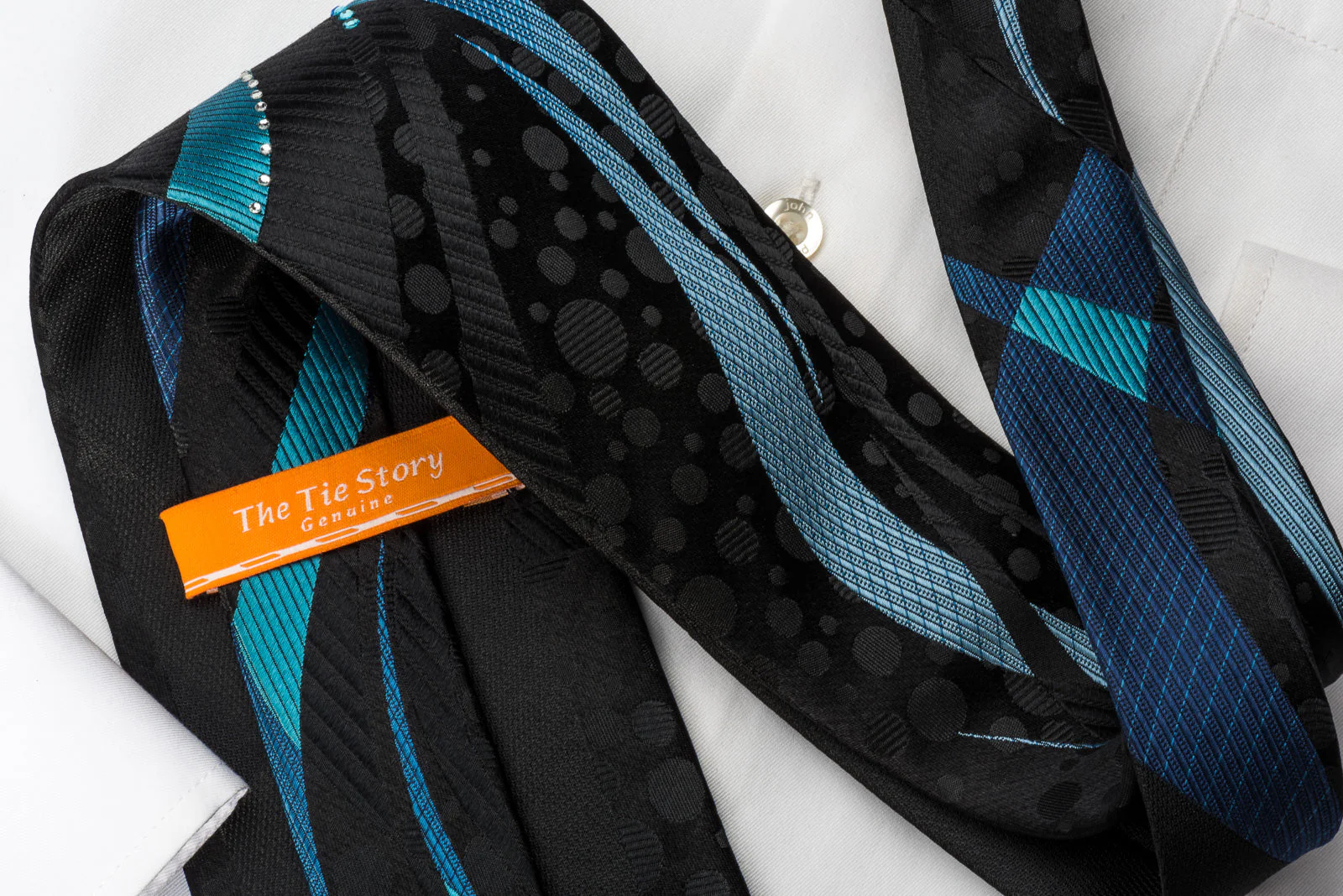The Tie Story Rhinestone Necktie Blue Waves On Black Silk - Image 4