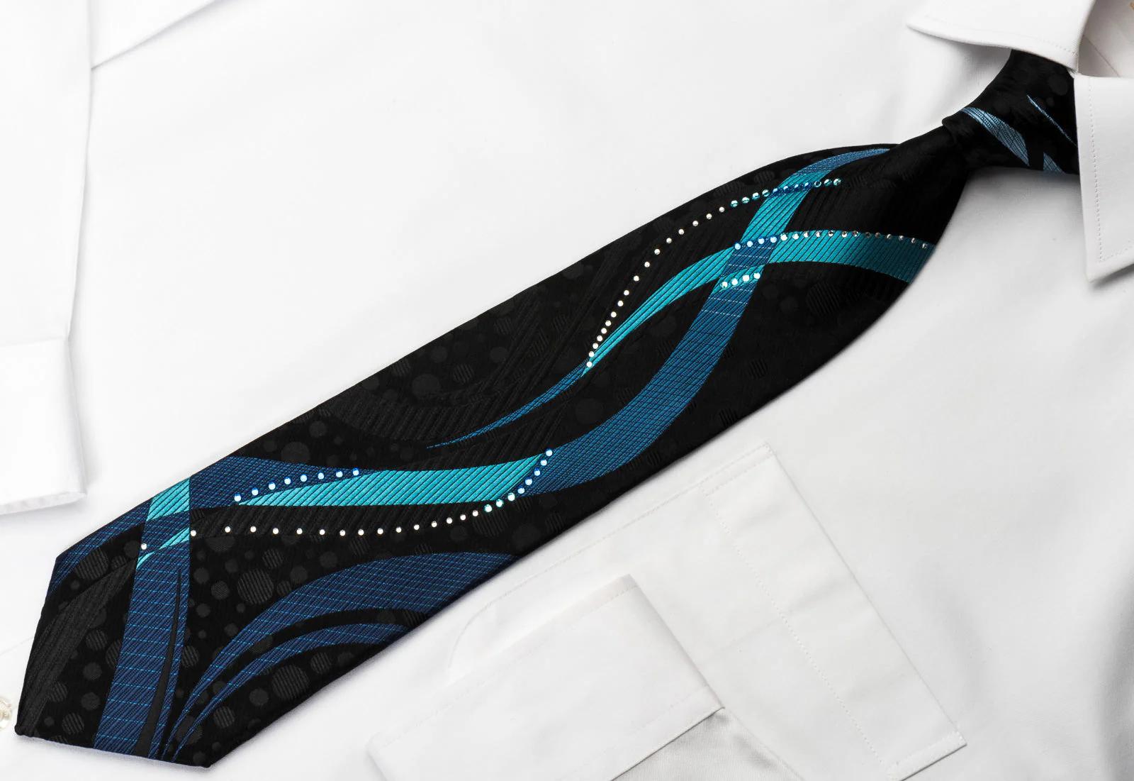 The Tie Story Rhinestone Necktie Blue Waves On Black Silk - Image 5