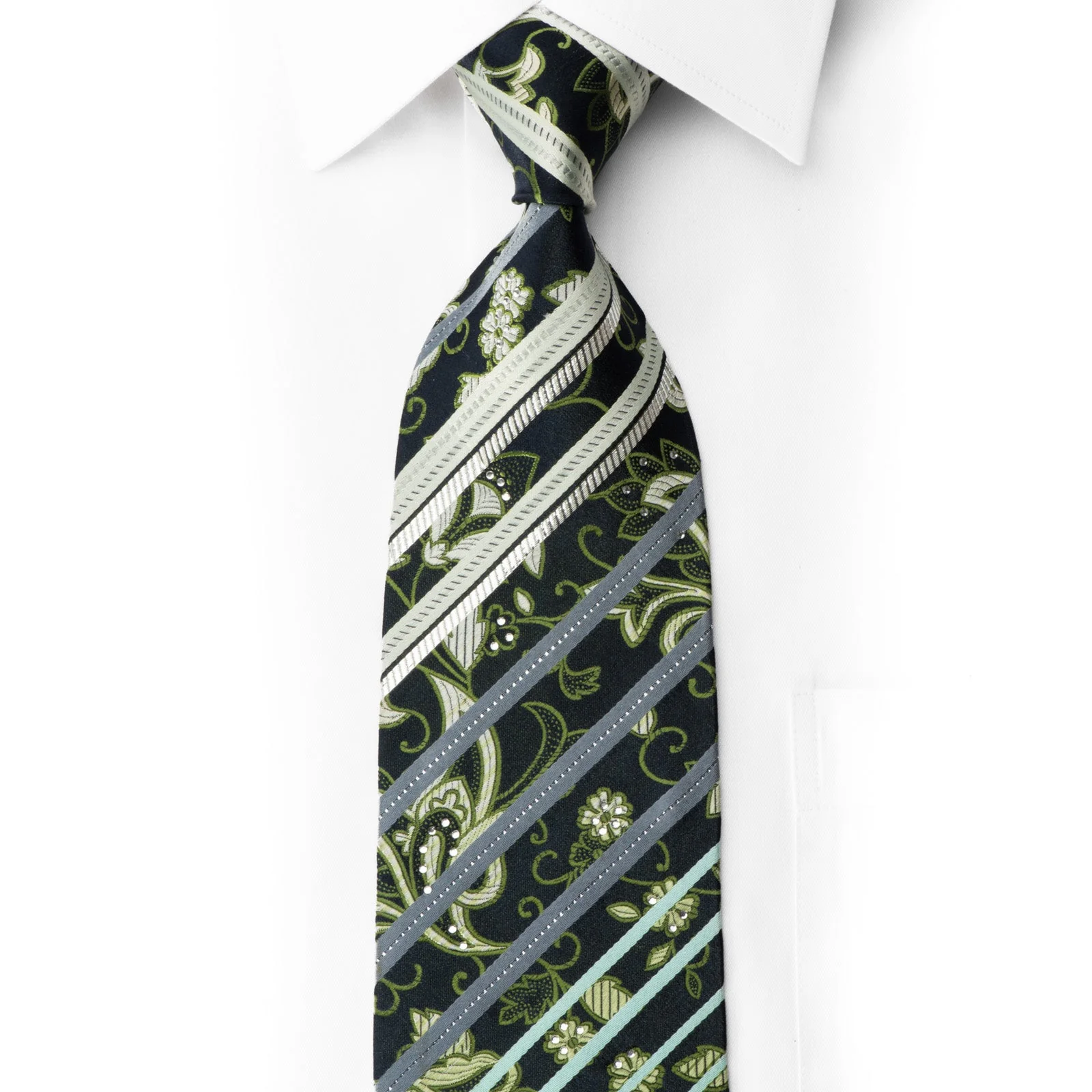 Rhinestone Silk Tie Stripes & Anthemion On Navy With Silver Sparkles