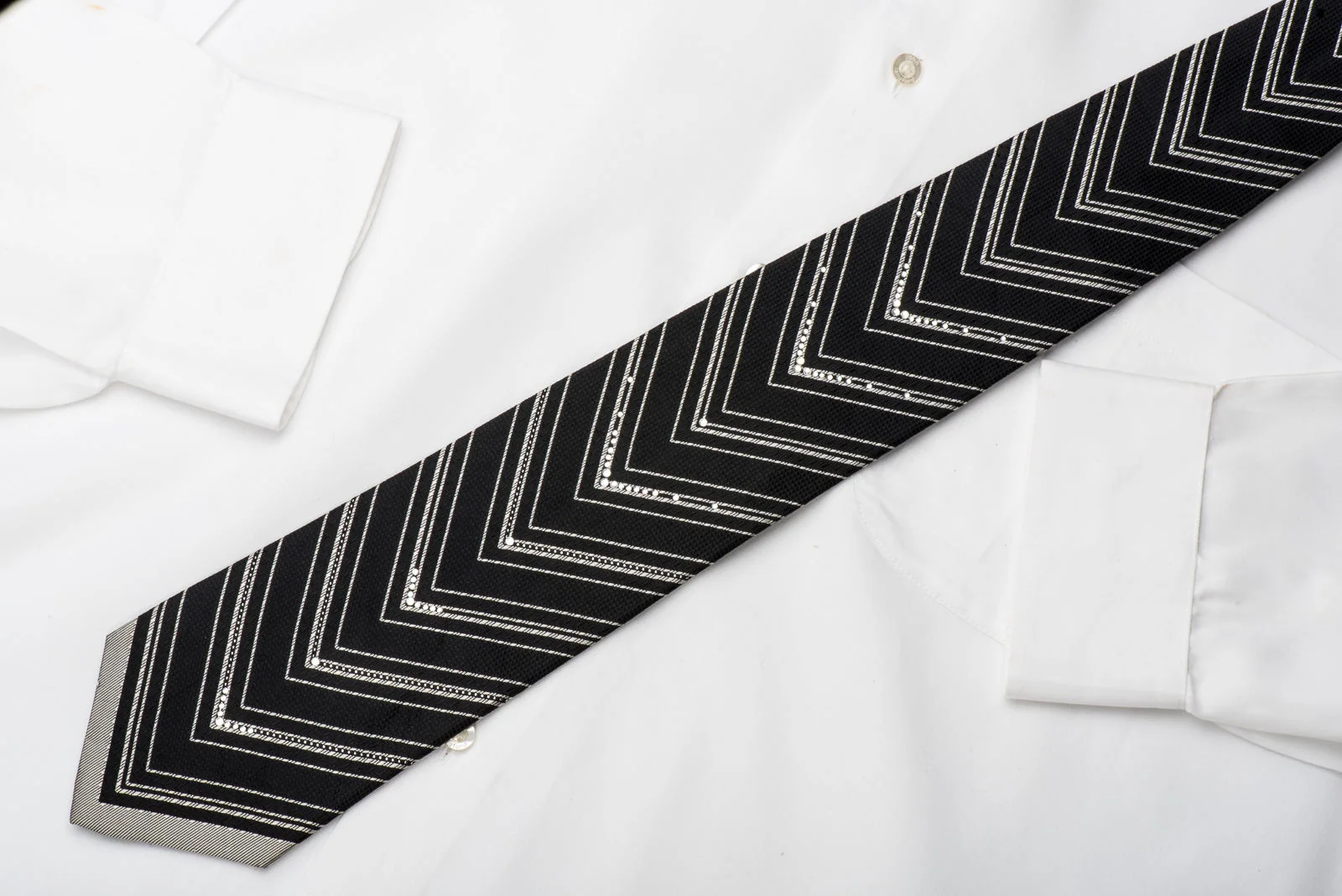 Tino Cosma Men's Rhinestone Silk Necktie Silver V-Striped On Black With Sparkles - Image 3