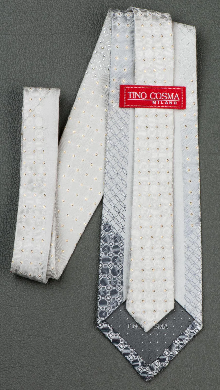 Tino Cosma Rhinestone Silk Tie Geometric Design On White With Golden Sparkles - Image 3