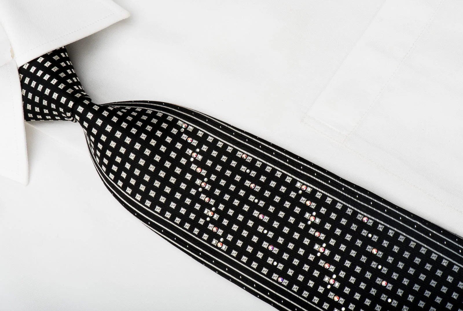 TLS Black Rhinestone Tie Silver Squares On Black With Sparkles - Image 3