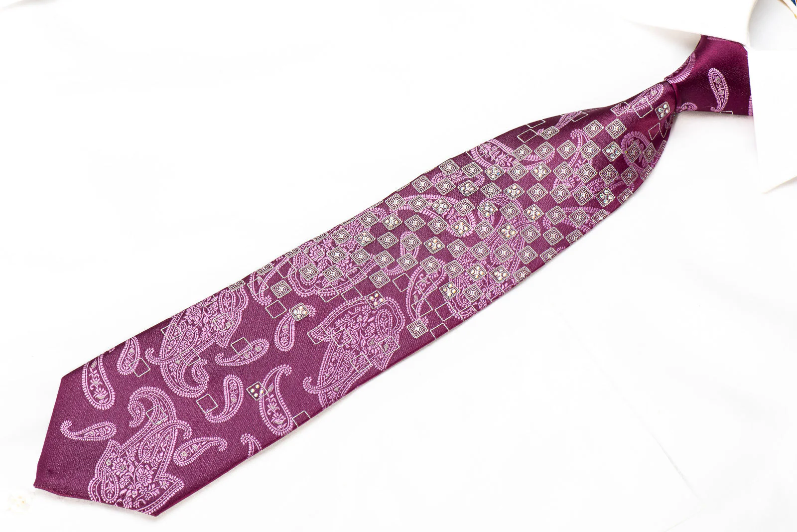 TLS Mens Crystal Rhinestone Silk Necktie Paisley On Purple With Sparkles - Image 3