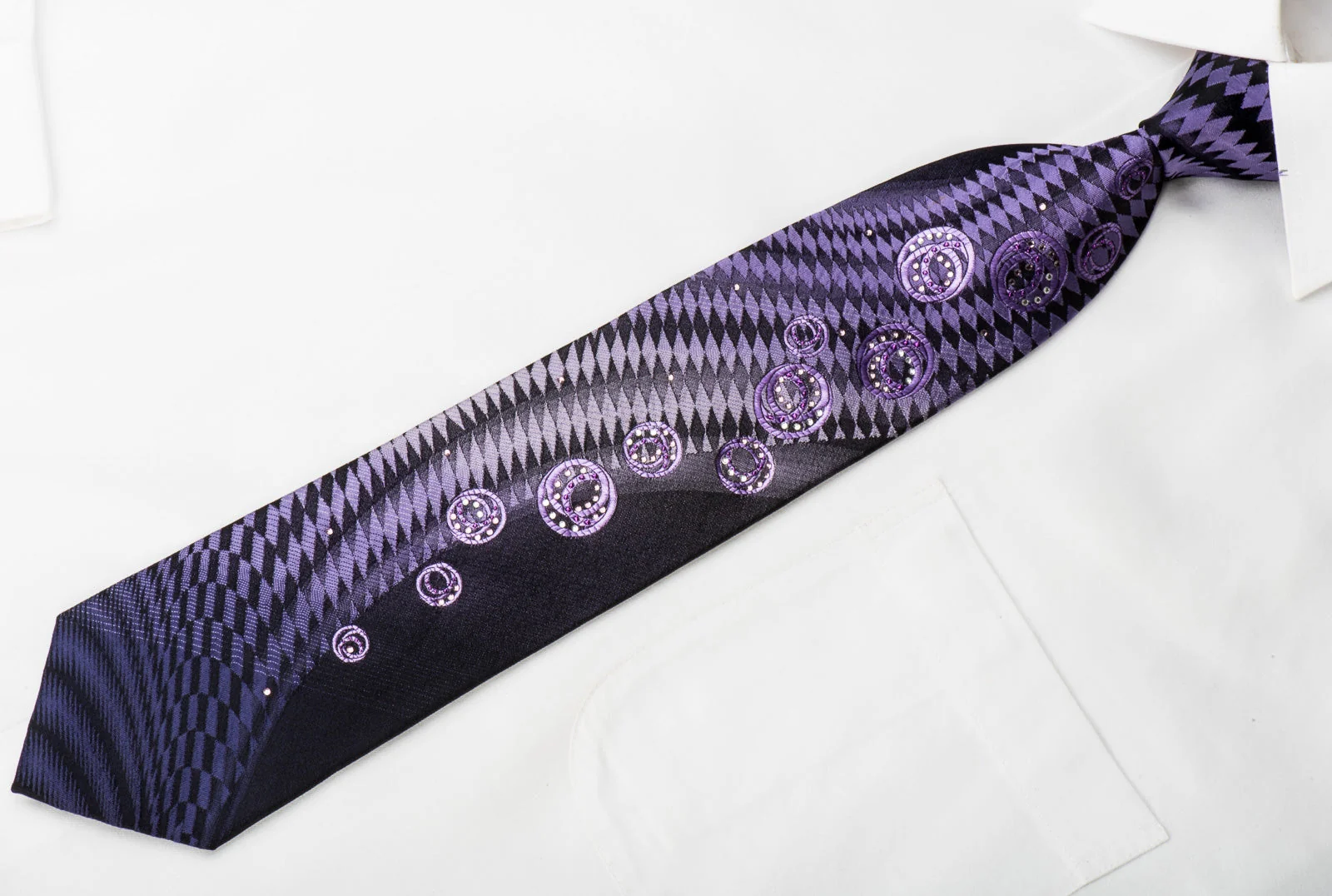 TLS Mens Rhinestone Necktie Checker Waves On Purple With Sparkles - Image 4