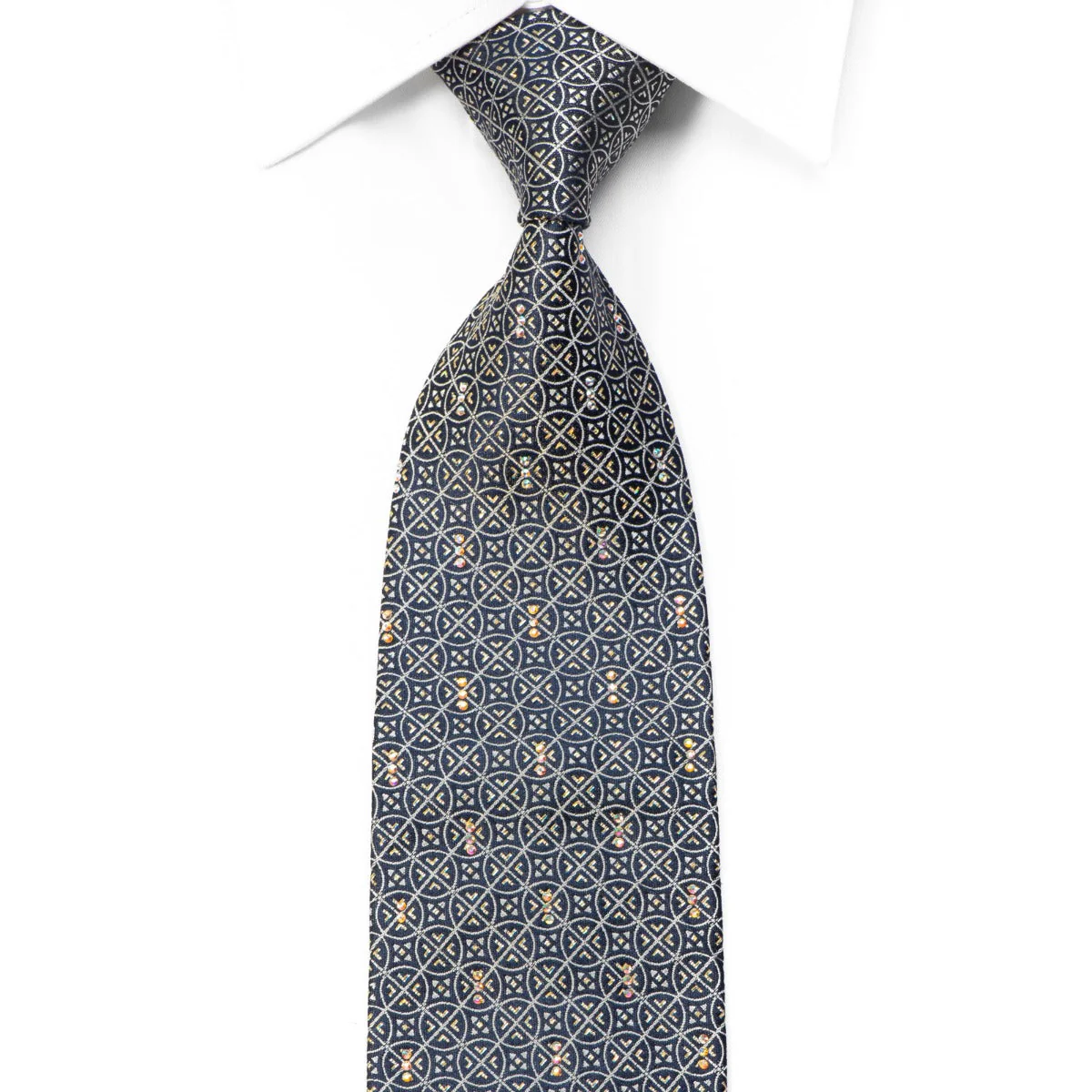 TLS Rhinestone Necktie Silver Trellis On Navy With Sparkles