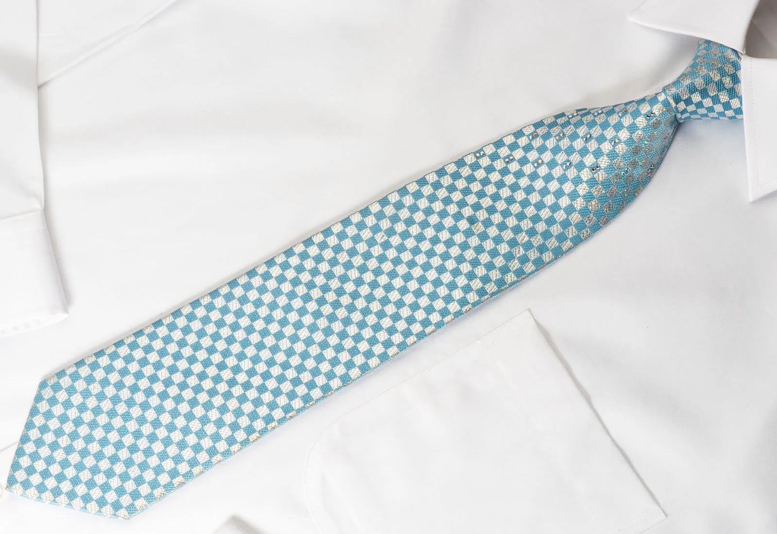 TLS Rhinestone Silk Necktie Blue Silver Checker Design With Silver Sparkles - Image 5
