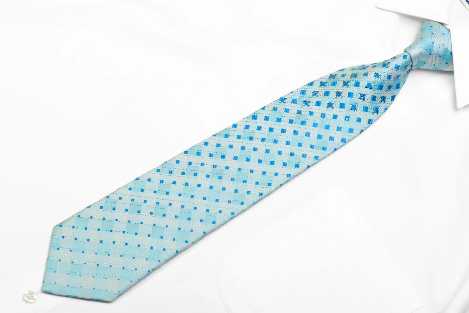 TLS Rhinestone Silk Necktie Light Blue Checkered With Sparkles - Image 3