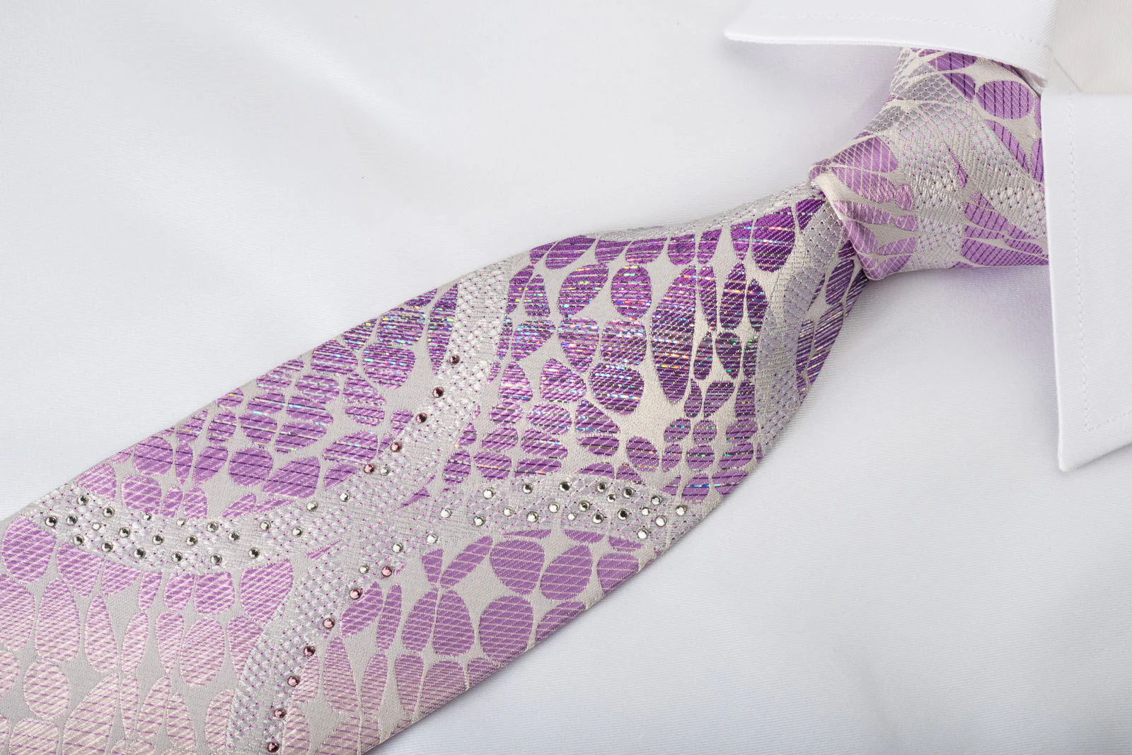 TLS Rhinestone Silk Necktie Mauve Purple Novelty On White Silk With Sparkles - Image 7