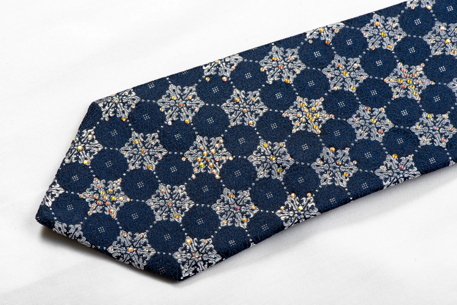 TLS Rhinestone Silk Necktie Silver Geometric On Navy With Sparkles - Image 2