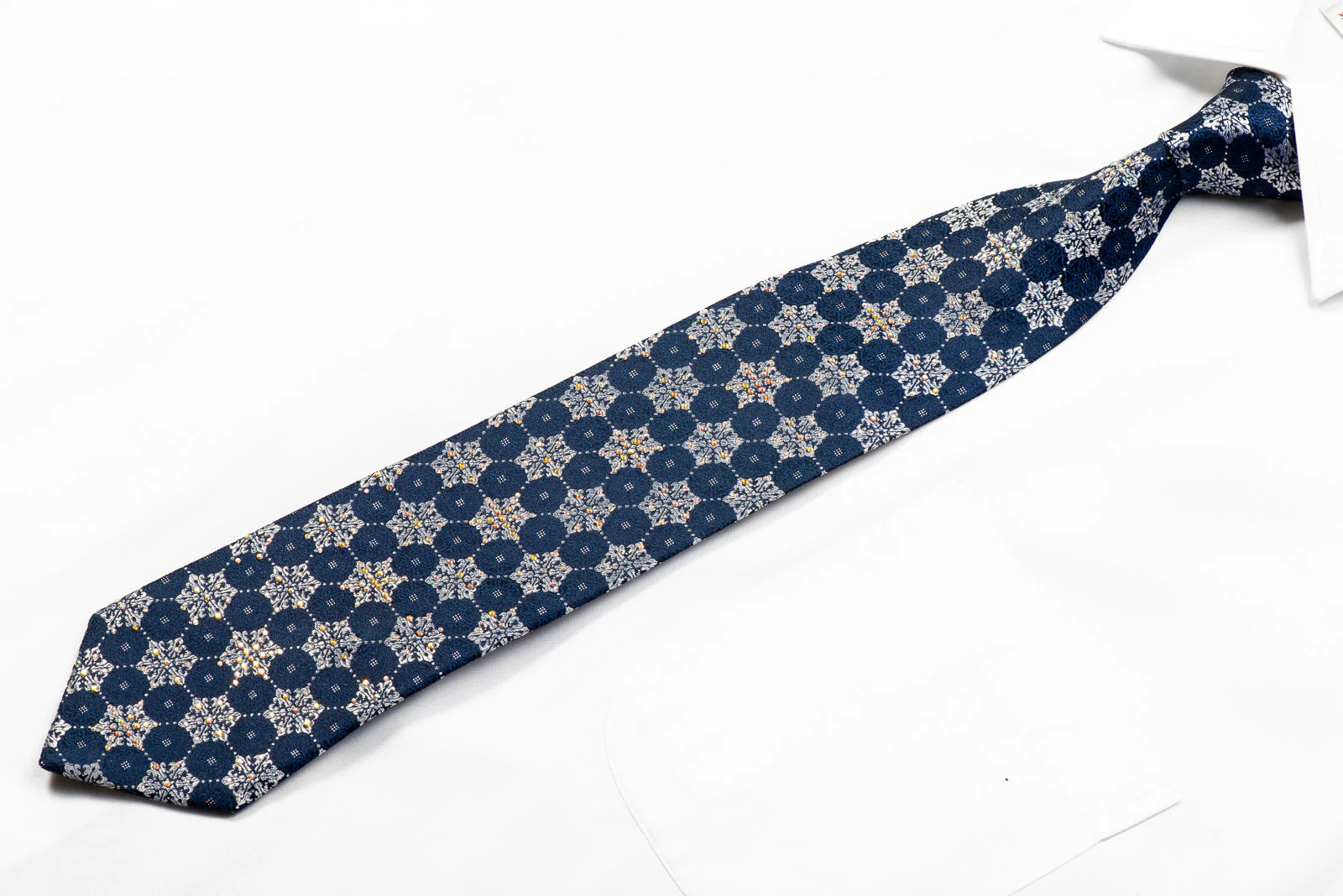 TLS Rhinestone Silk Necktie Silver Geometric On Navy With Sparkles - Image 3