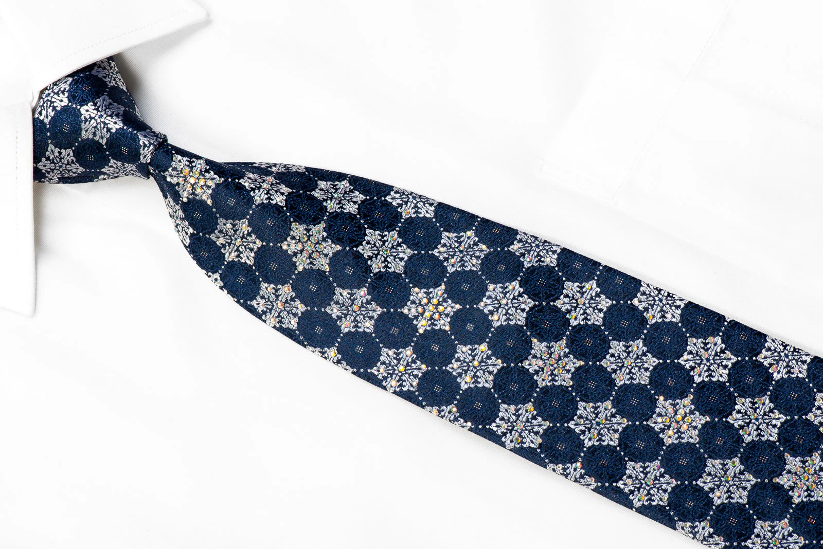 TLS Rhinestone Silk Necktie Silver Geometric On Navy With Sparkles - Image 5