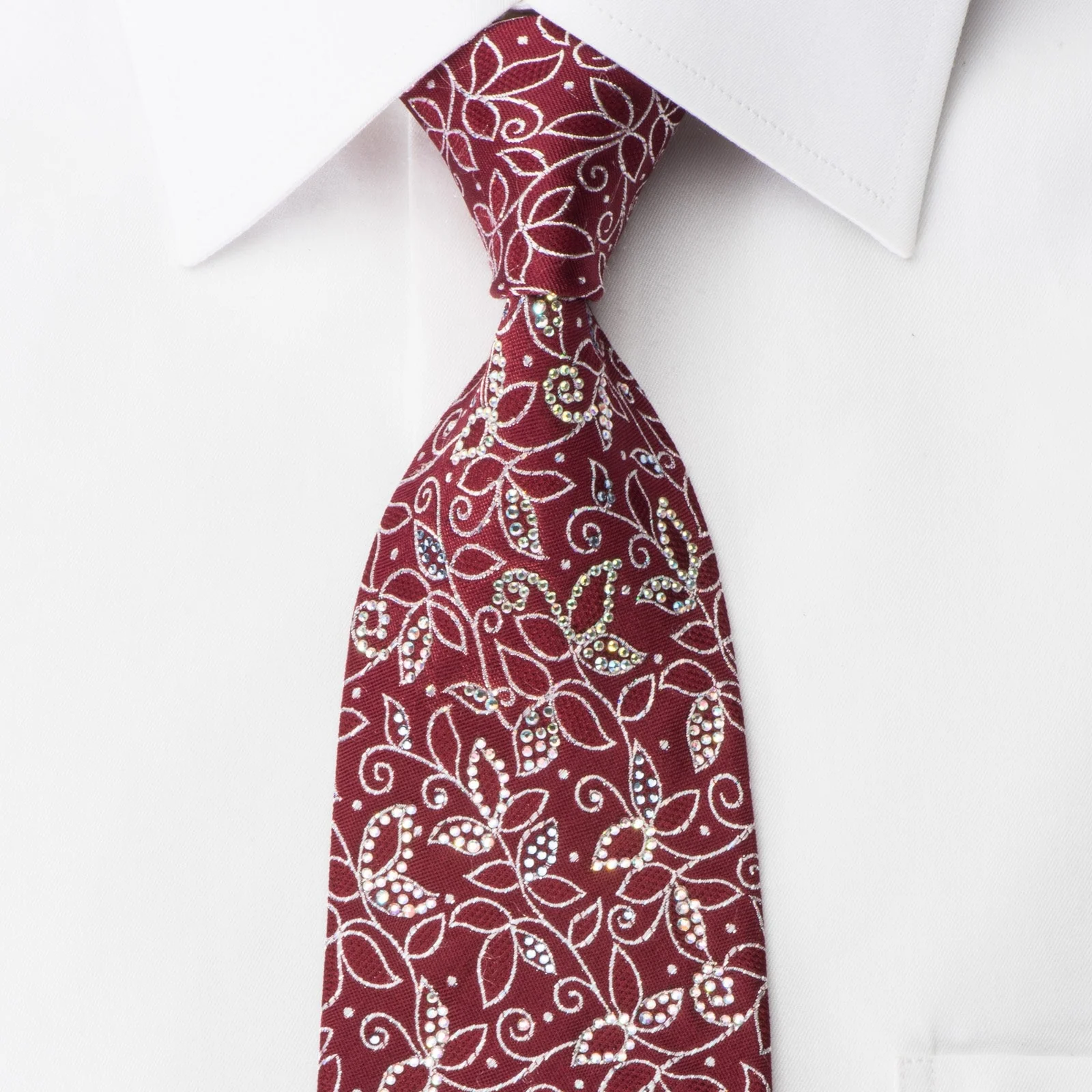 TLS Rhinestone Silk Necktie Silver Vines On Burgundy With Silver Sparkles