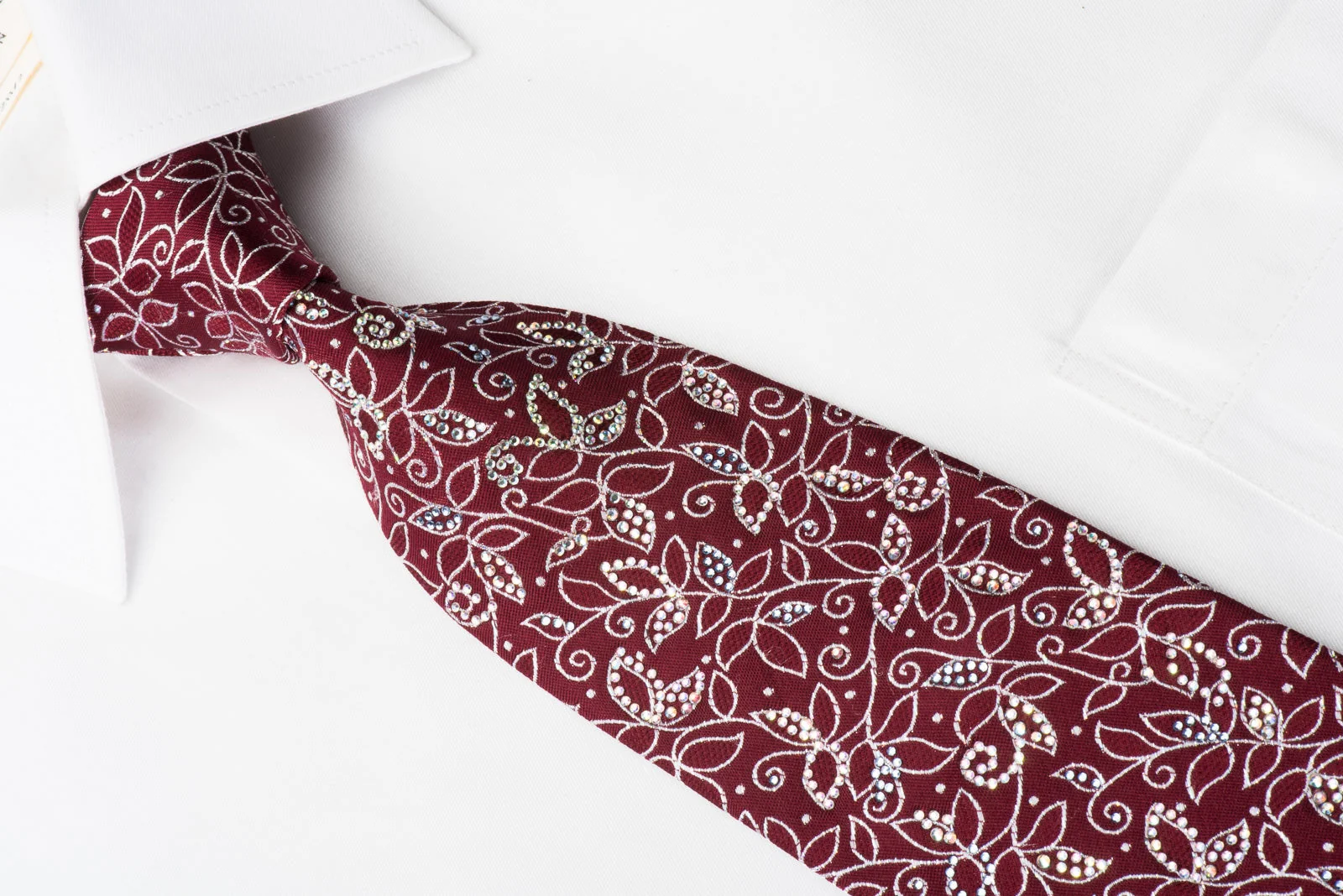TLS Rhinestone Silk Necktie Silver Vines On Burgundy With Silver Sparkles - Image 2
