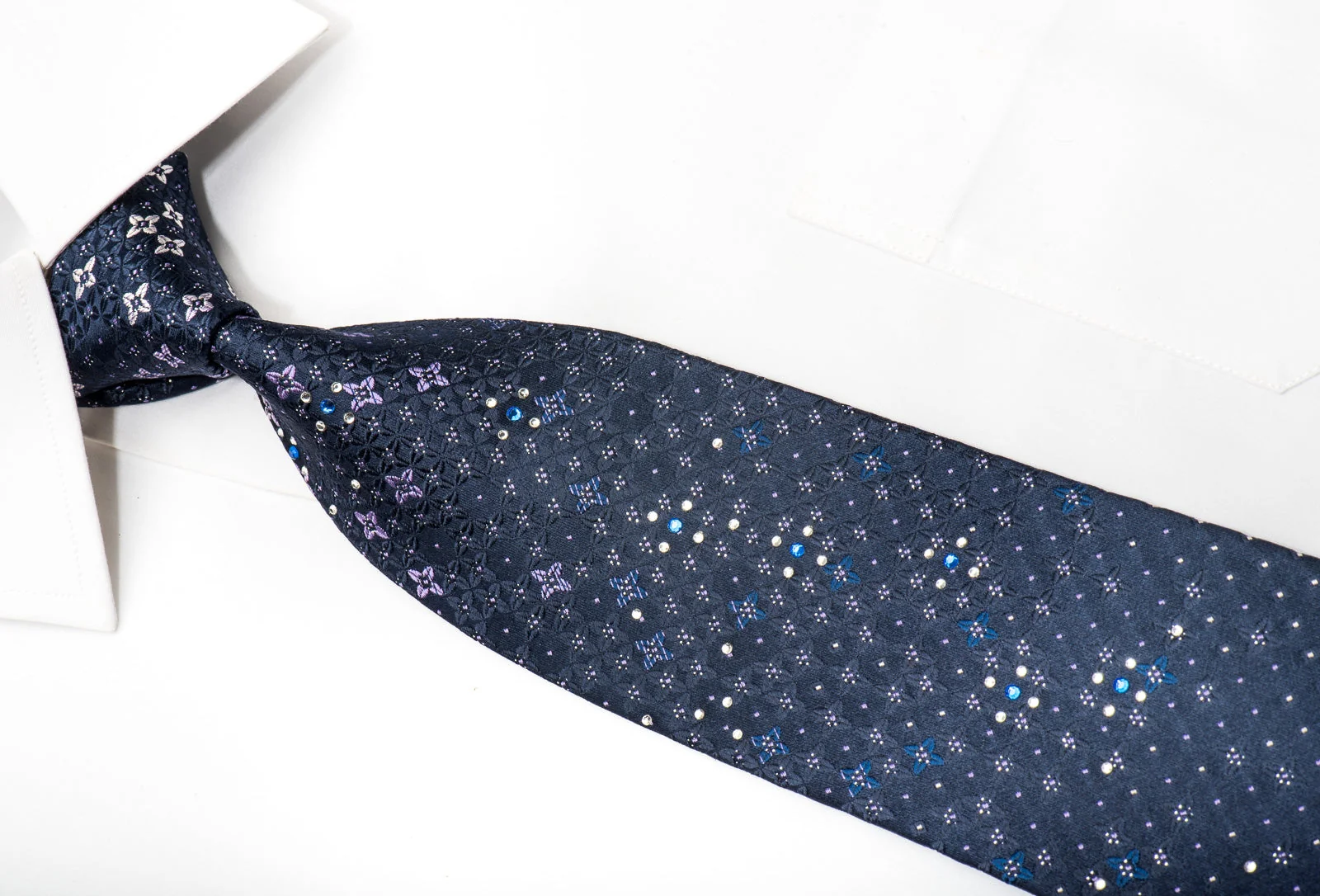 Towngent Men's Crystal Rhinestone Necktie Floral On Blue With Silver Sparkles - Image 3