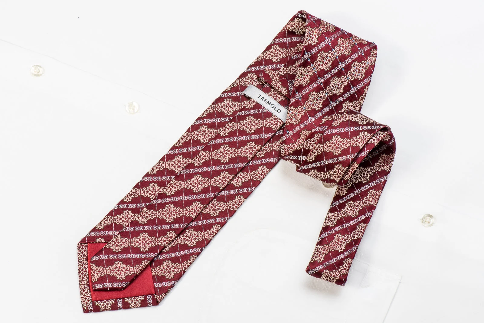Tremolo Men's Crystal Silk Tie Gold Cartouche Striped On Burgundy With Silver Sparkles - Image 5