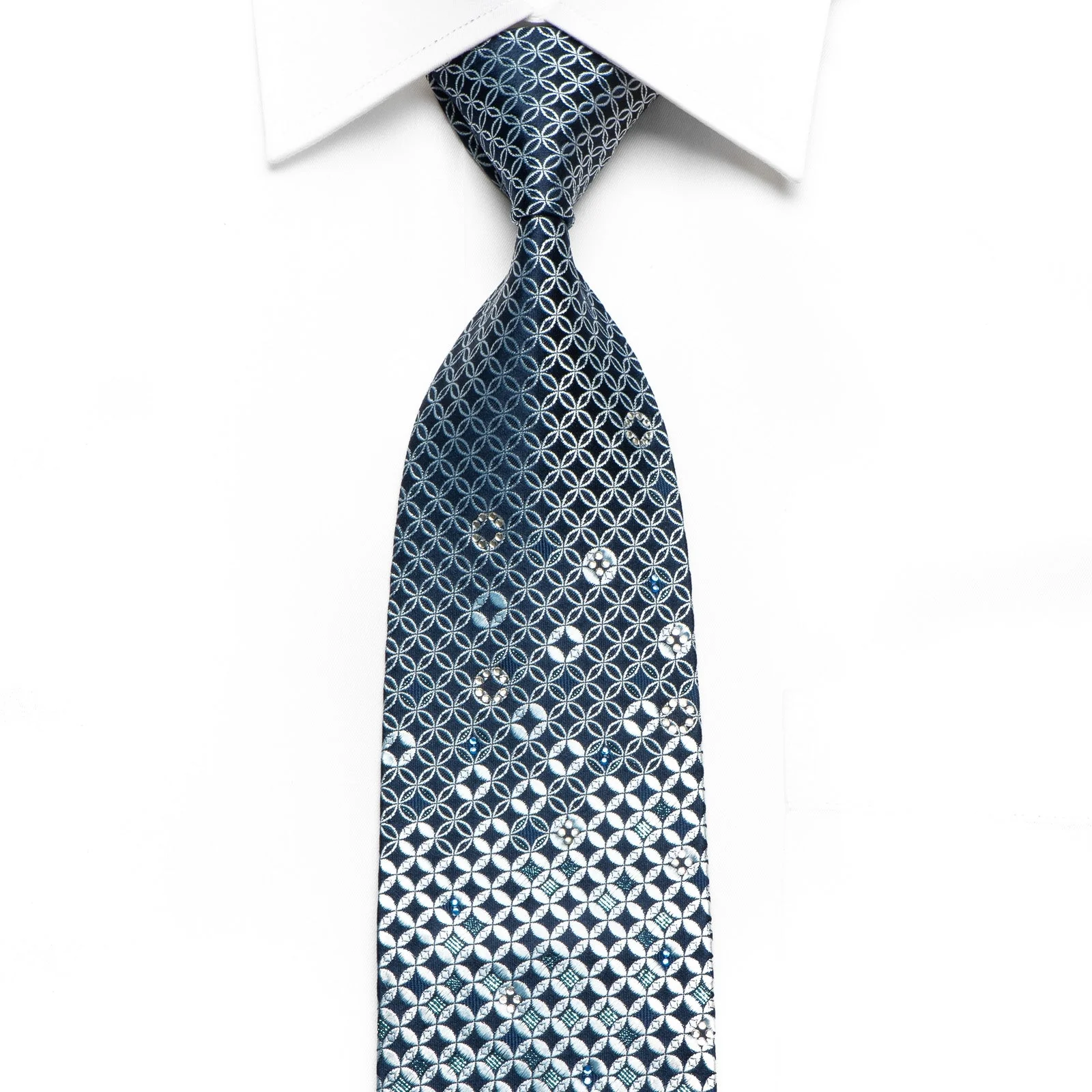 TSL Men's Crystal Rhinestone Silk Necktie Interlocking Circles On Blue With Sparkles