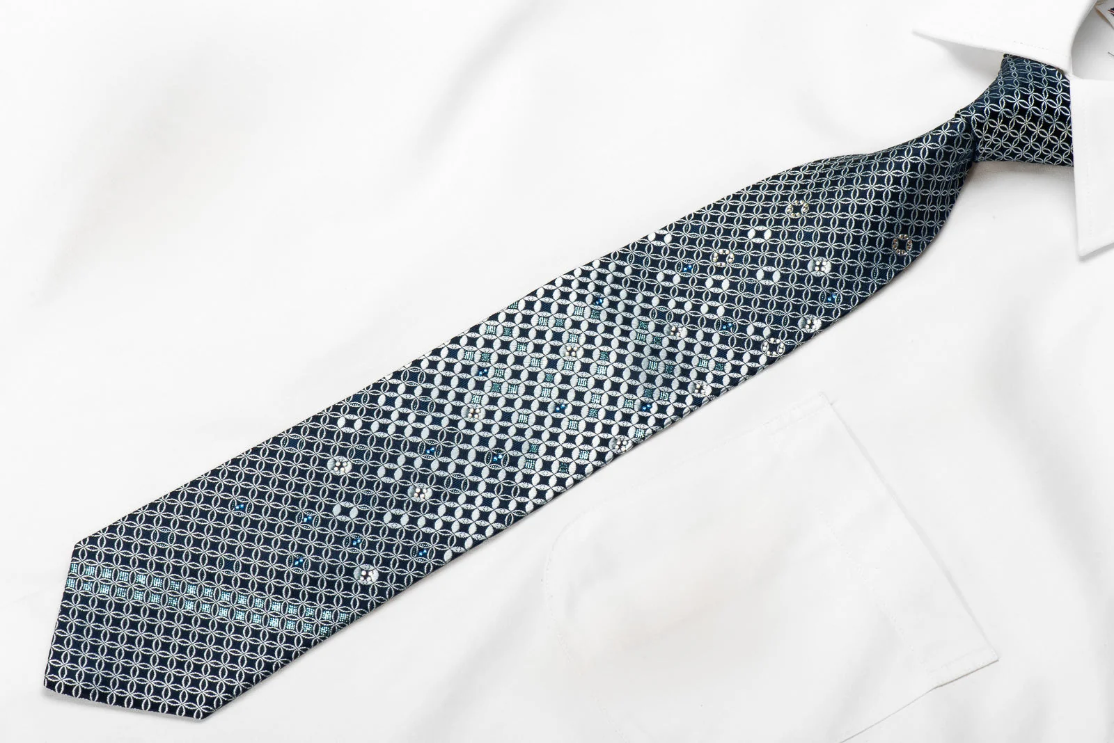 TSL Men's Crystal Rhinestone Silk Necktie Interlocking Circles On Blue With Sparkles - Image 2