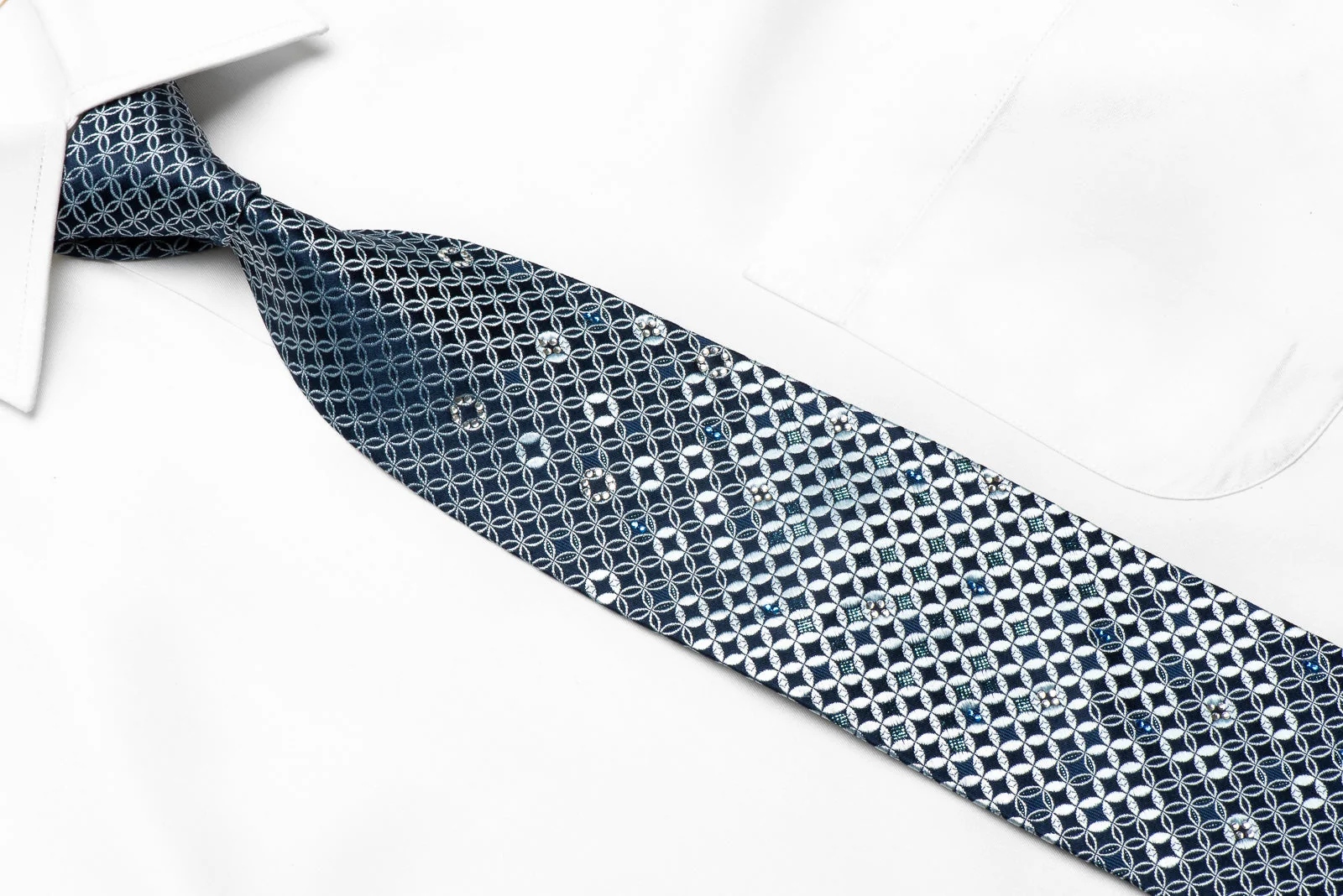 TSL Men's Crystal Rhinestone Silk Necktie Interlocking Circles On Blue With Sparkles - Image 3