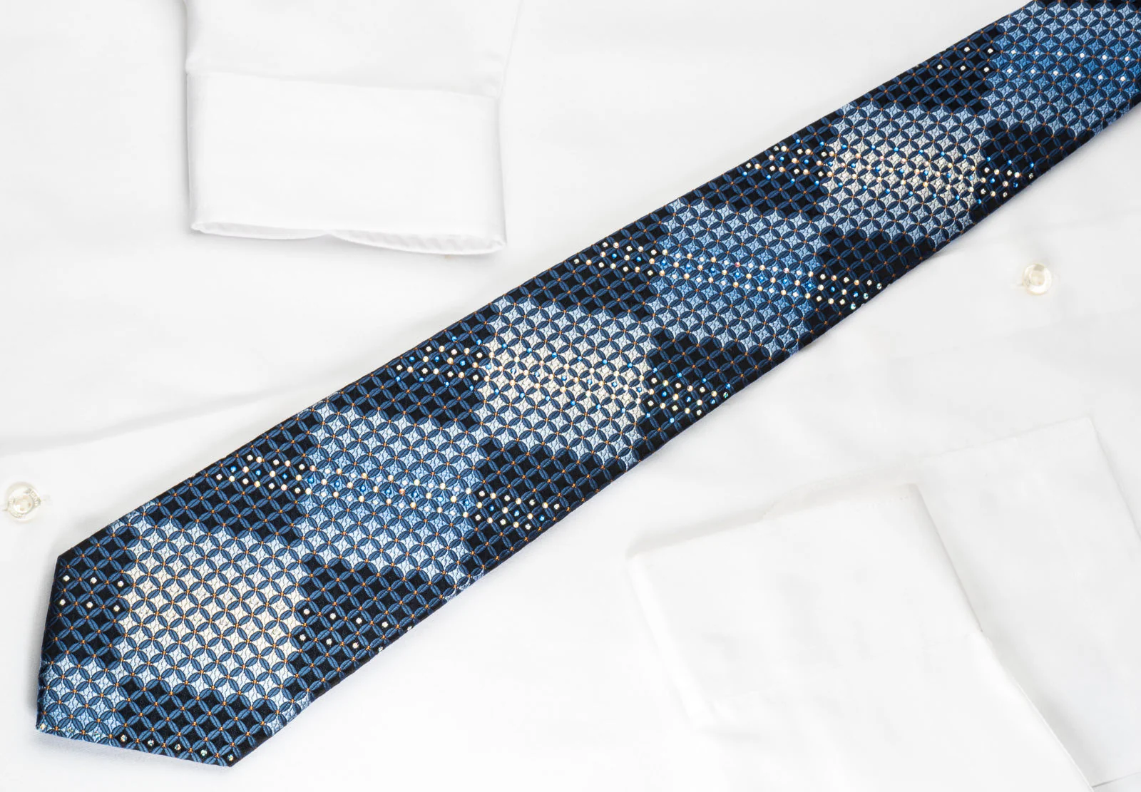 TSL Rhinestone Silk Necktie Geometric On Blue With Silver Sparkles - Image 7