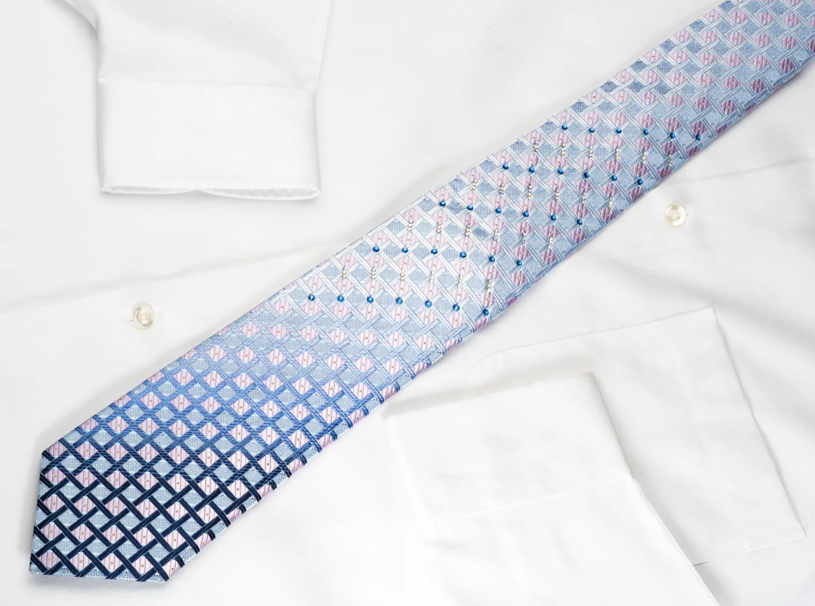 TSL Rhinestone Silk Tie Pink Checker On Blue With Silver Sparkles - Image 3
