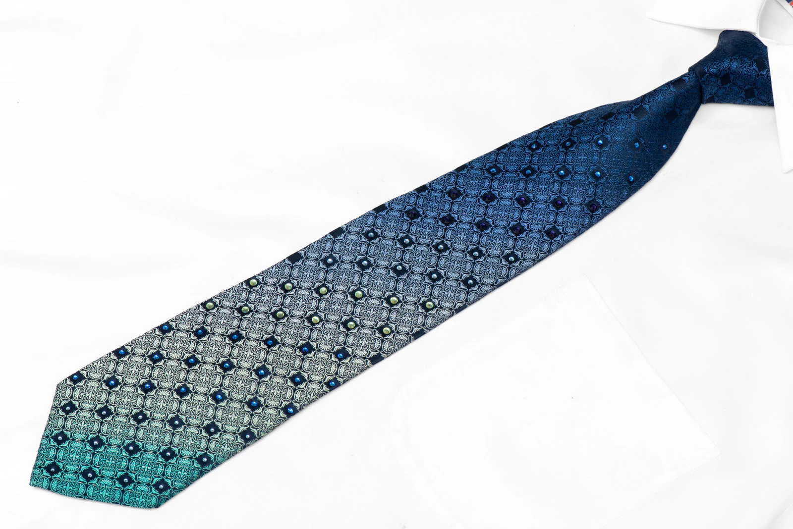Turquoise Cartouche On Navy Rhinestone Silk Tie - Image 2