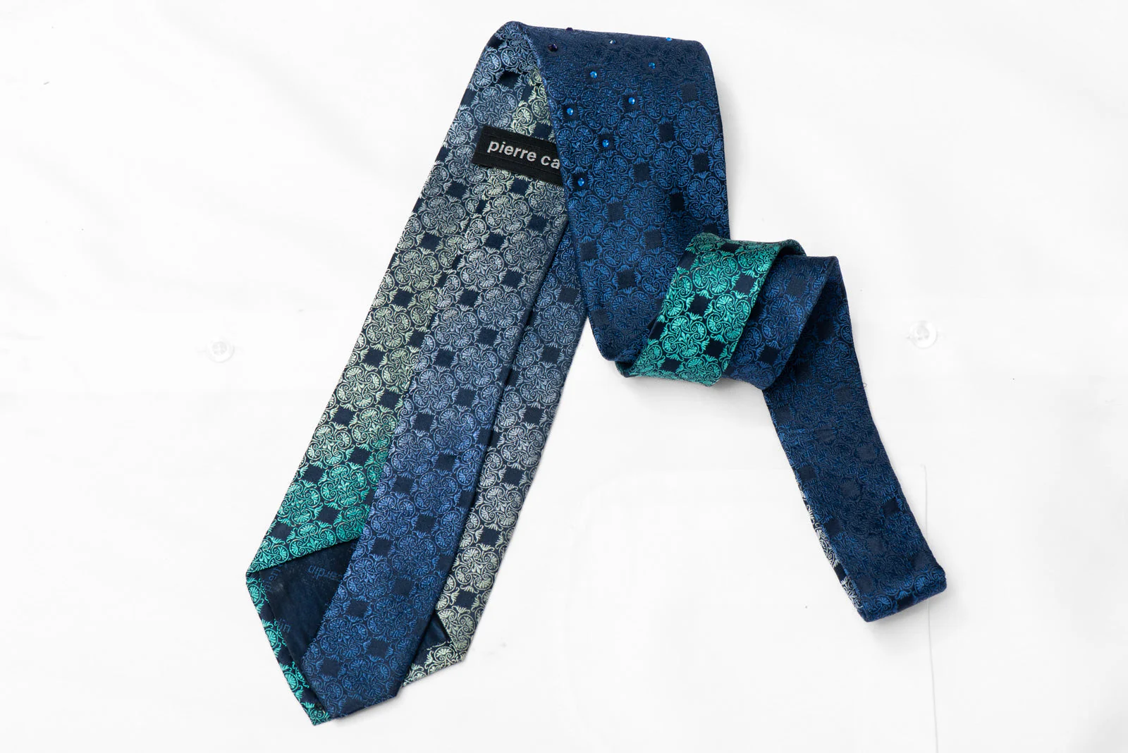 Turquoise Cartouche On Navy Rhinestone Silk Tie - Image 3