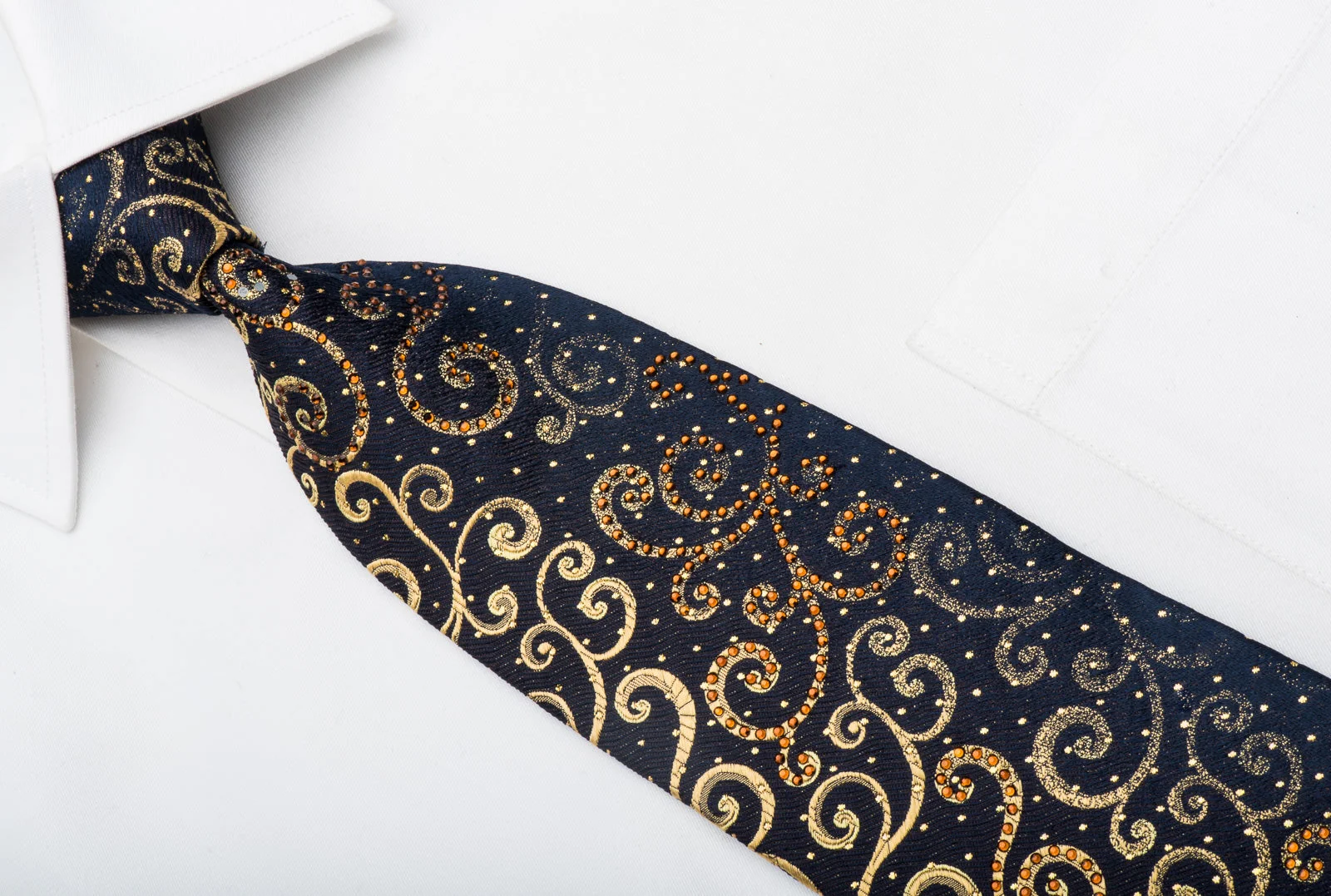 Ungaro Mens Crystal Tie Golden Scrolls On Black Silk With Gold Sparkles - Image 2