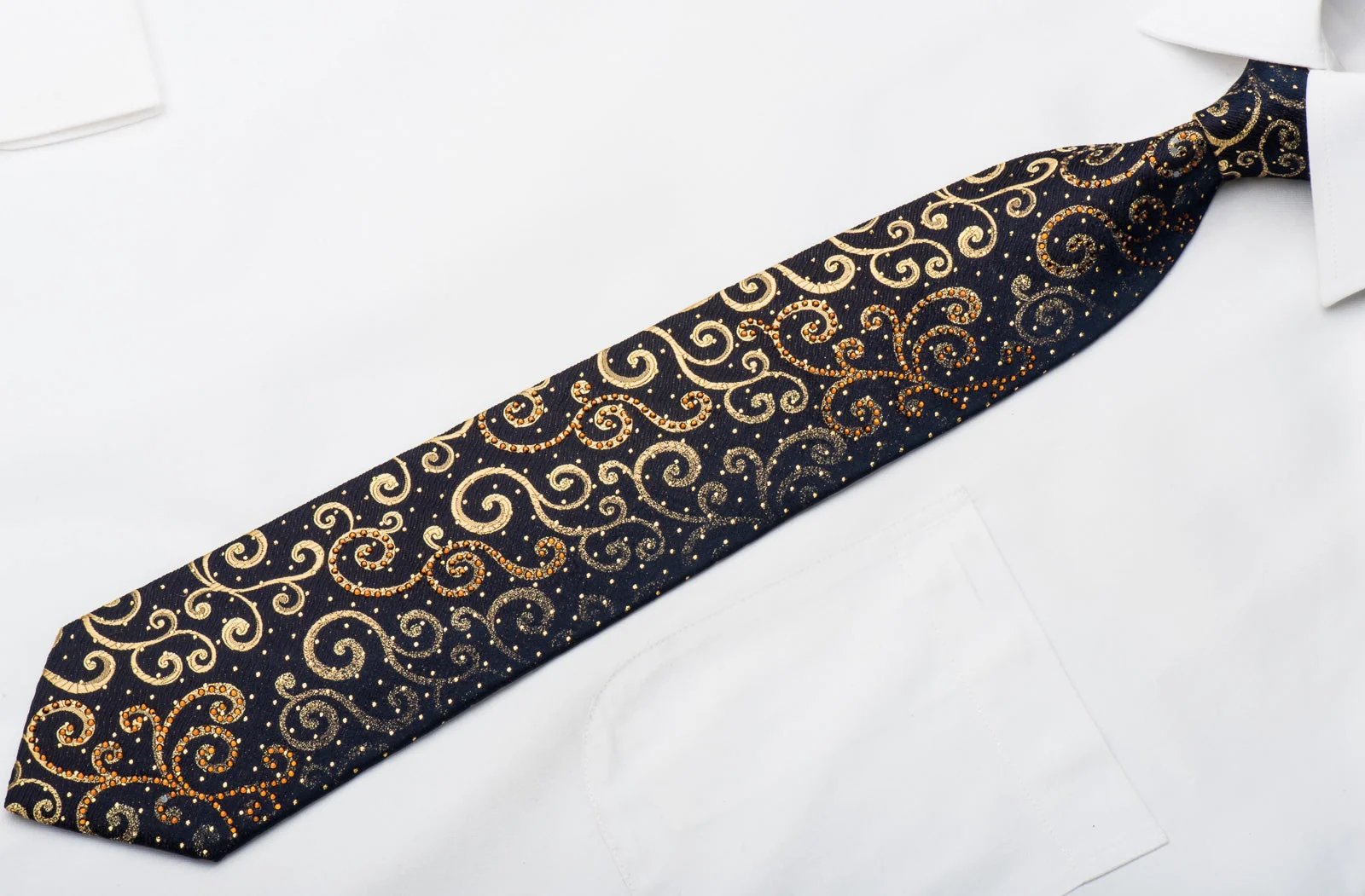 Ungaro Mens Crystal Tie Golden Scrolls On Black Silk With Gold Sparkles - Image 3