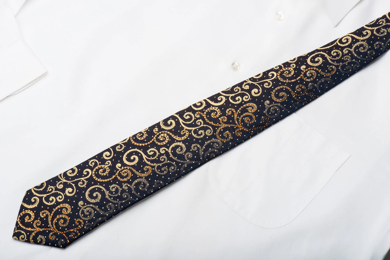Ungaro Mens Crystal Tie Golden Scrolls On Black Silk With Gold Sparkles - Image 4