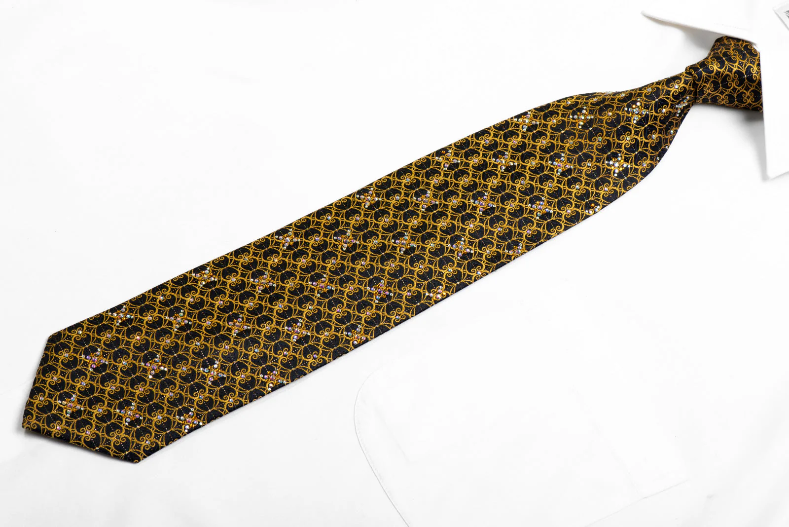 Gold Filigree On Black Silk Tie With Rhinestones & Sparkles - Image 3