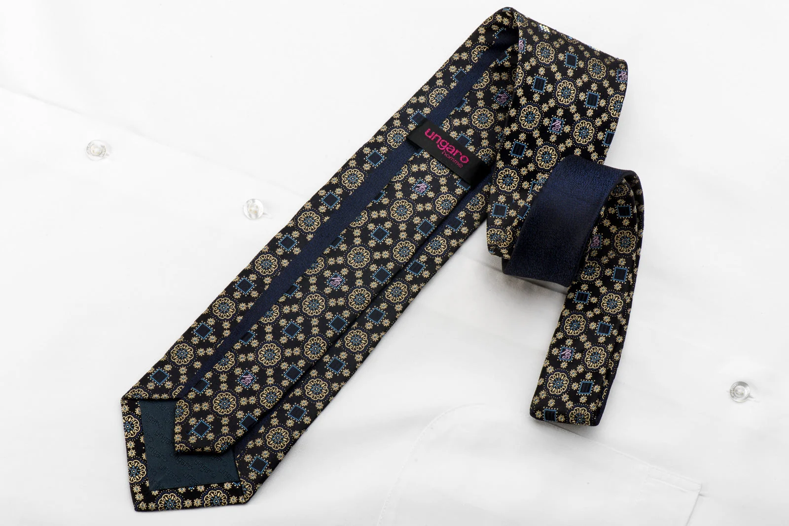 Golden Medallions On Navy Men's Crystal Rhinestone Silk Necktie With Silver Sparkles - Image 3