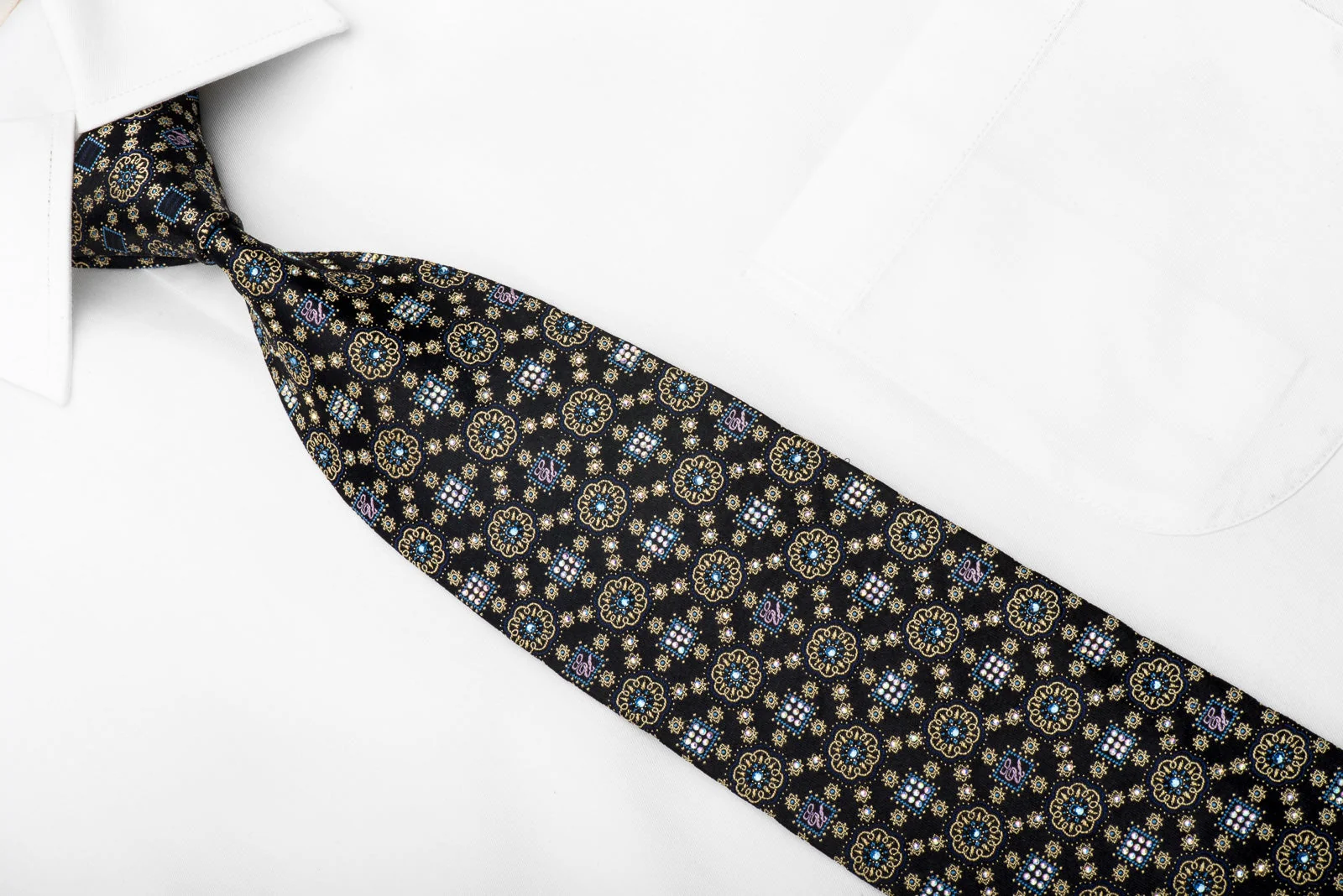 Golden Medallions On Navy Men's Crystal Rhinestone Silk Necktie With Silver Sparkles - Image 4