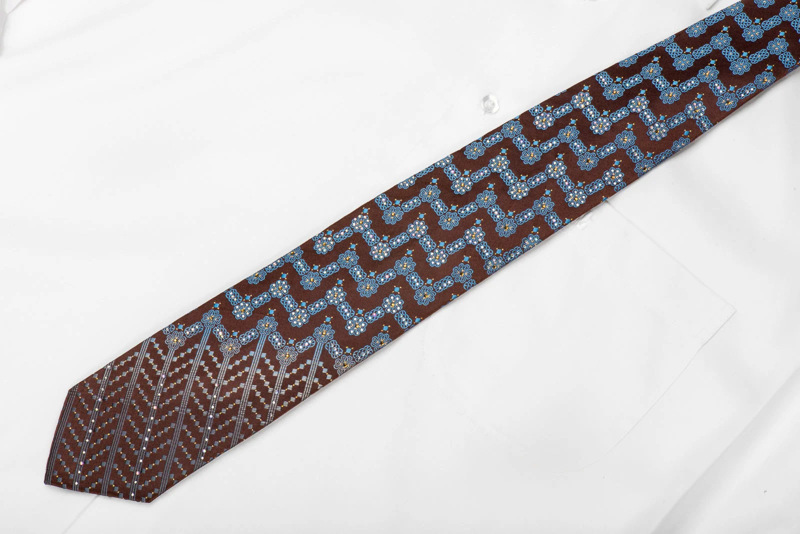 Ungaro Men's Crystal Silk Necktie Blue Geometric On Brown With Gold Sparkles - Image 4