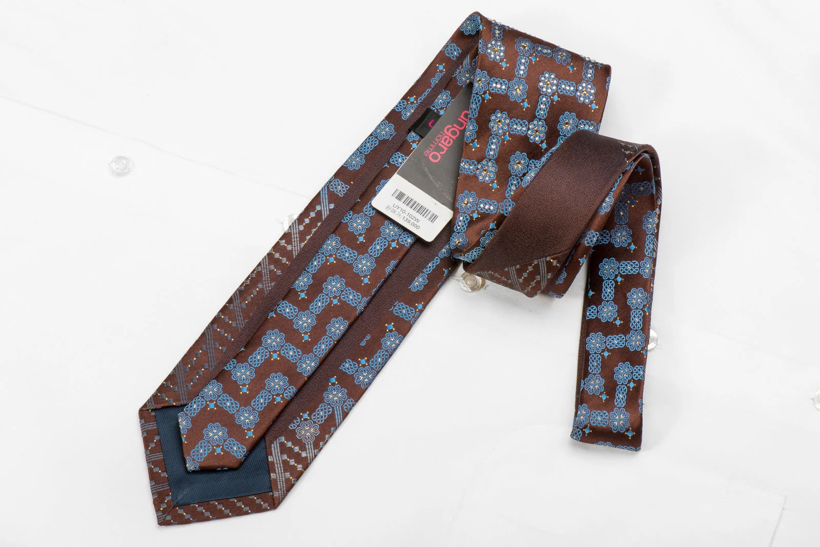 Ungaro Men's Crystal Silk Necktie Blue Geometric On Brown With Gold Sparkles - Image 5
