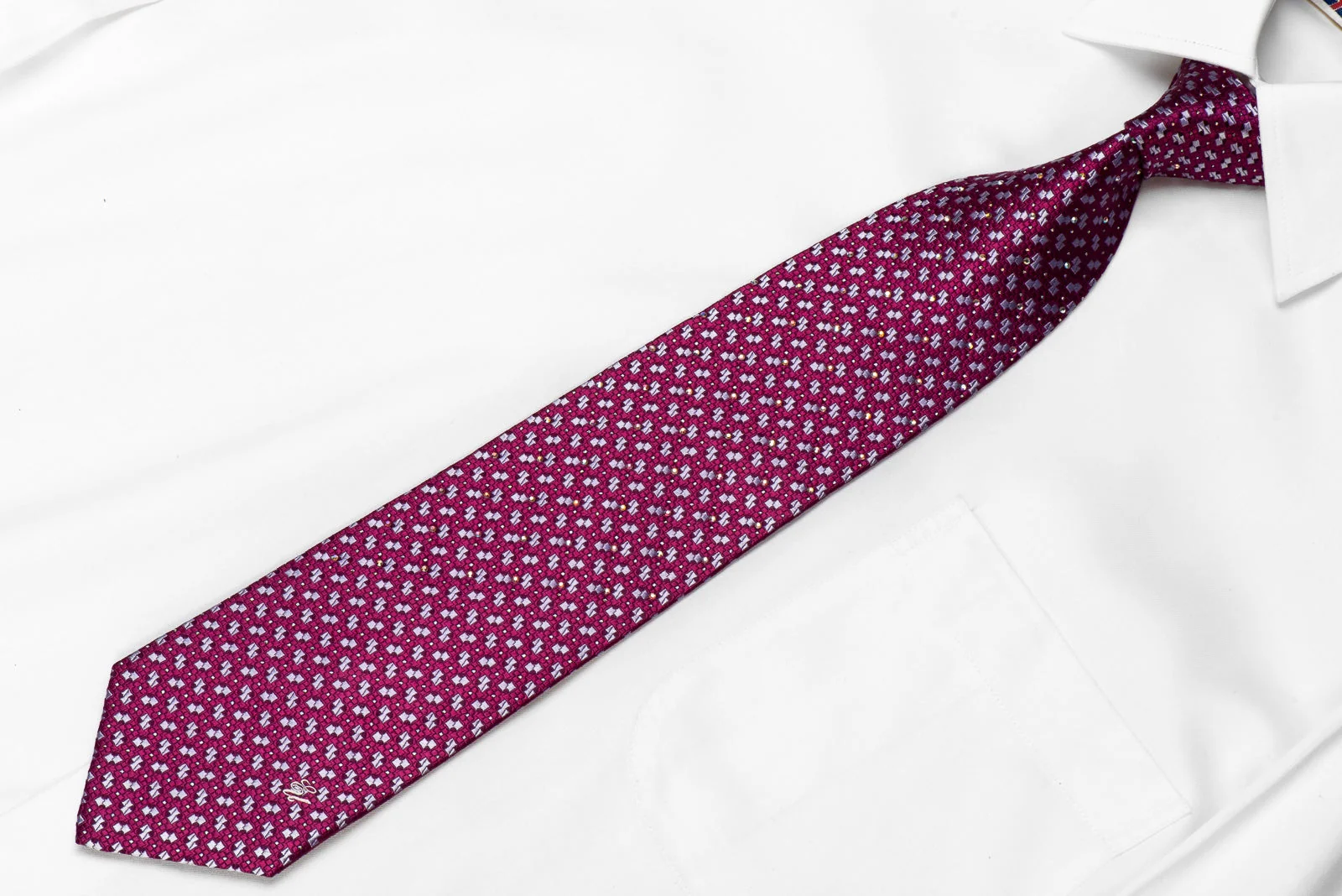 Ungaro Men's Crystal Silk Necktie Mauve Micro Squares On Purple With Silver Sparkles - Image 2