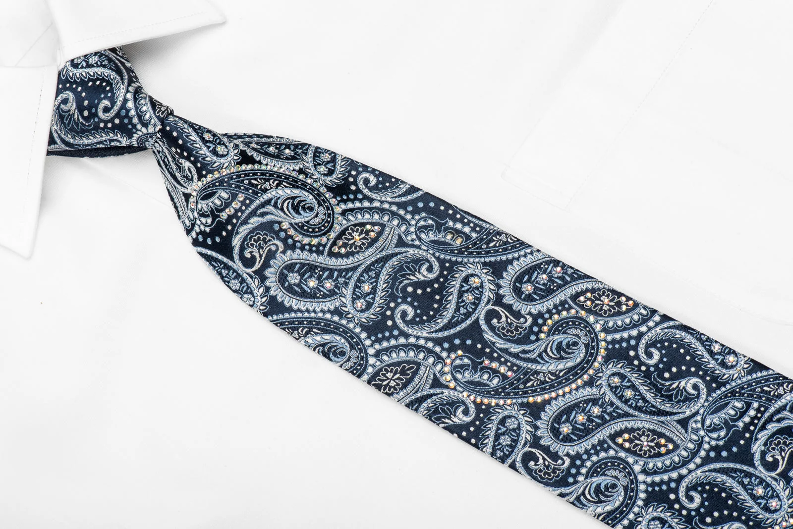 Ungaro Men's Crystal Silk Necktie Paisley On Blue Sparkling With Rhinestones - Image 3