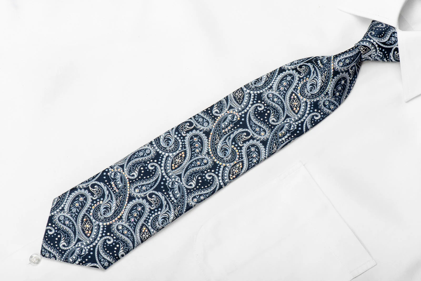 Ungaro Men's Crystal Silk Necktie Paisley On Blue Sparkling With Rhinestones - Image 5