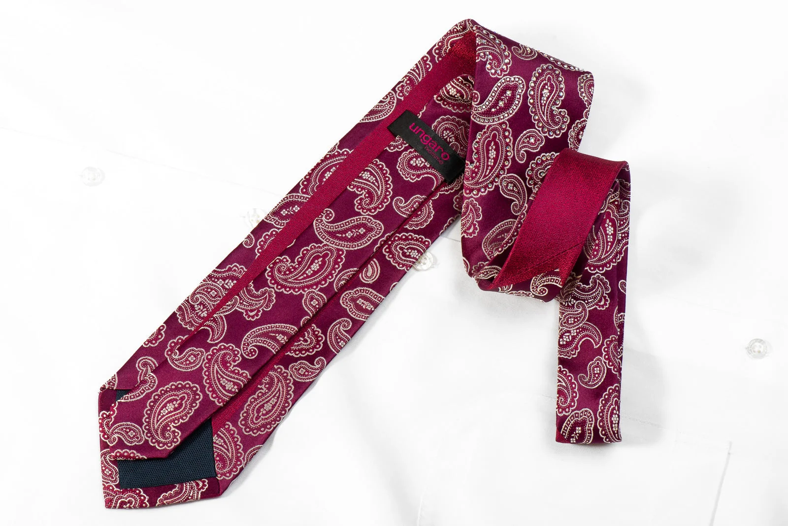 Ungaro Men's Crystal Silk Necktie Paisley On Burgundy Sparkling With Rhinestones - Image 4