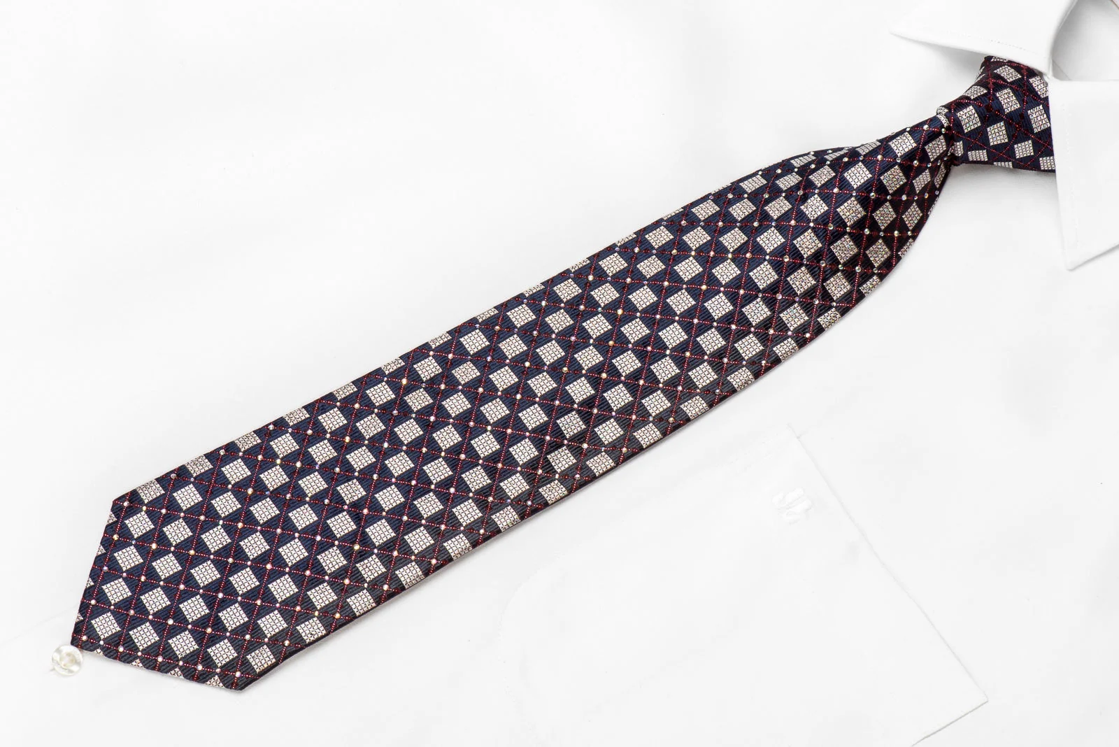 Ungaro Men's Crystal Silk Tie Silver Navy Checker With Silver Sparkles - Image 3