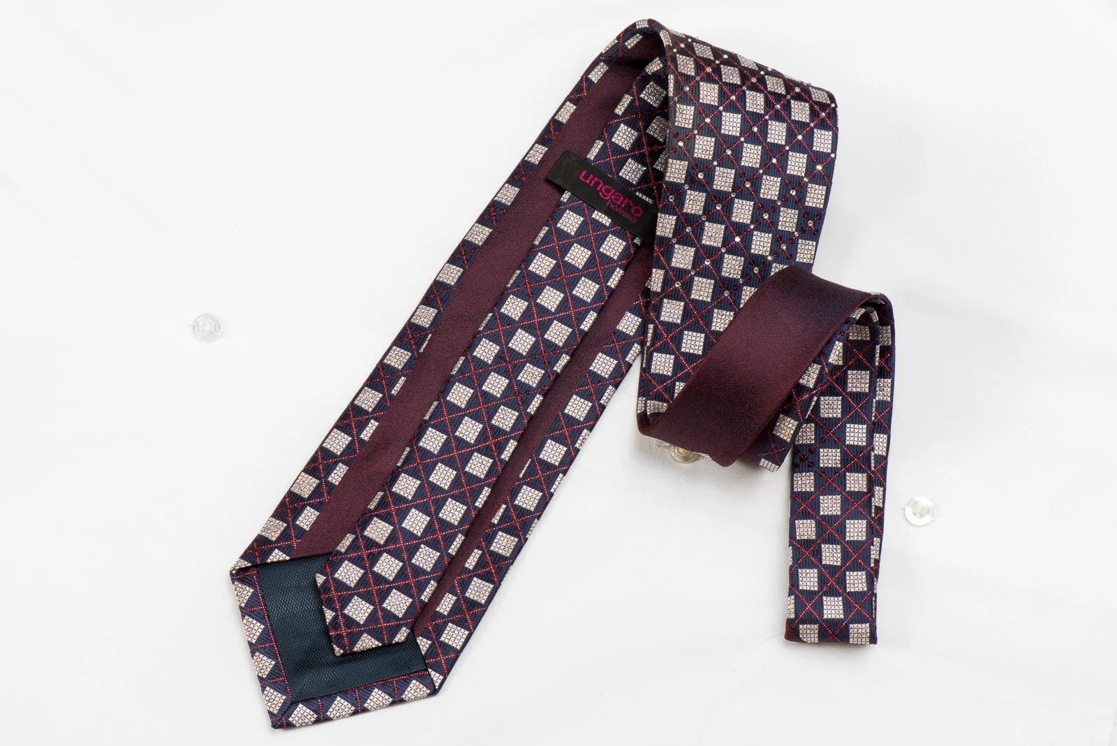 Ungaro Men's Crystal Silk Tie Silver Navy Checker With Silver Sparkles - Image 6